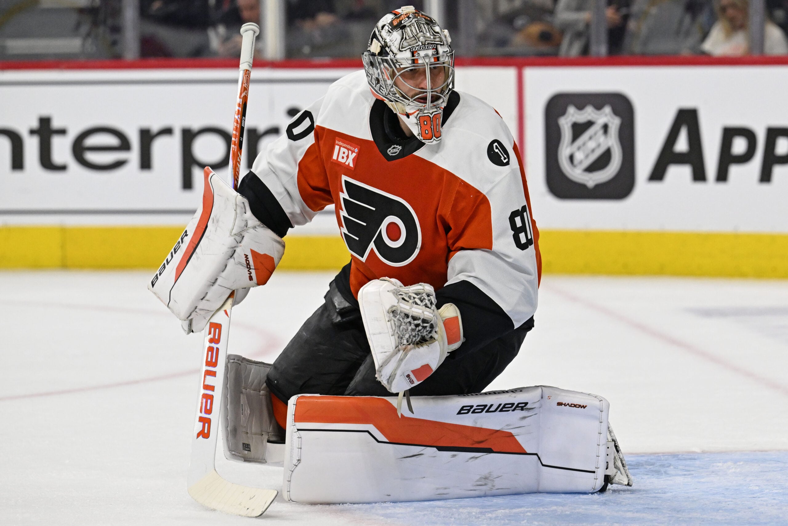 Mar 9, 2026; Philadelphia, Pennsylvania, USA; Philadelphia Flyers goaltender Dan Vladar (80) against the New York Rangers at Xfinity Mobile Arena. Mandatory Credit: Eric Hartline-Imagn Images