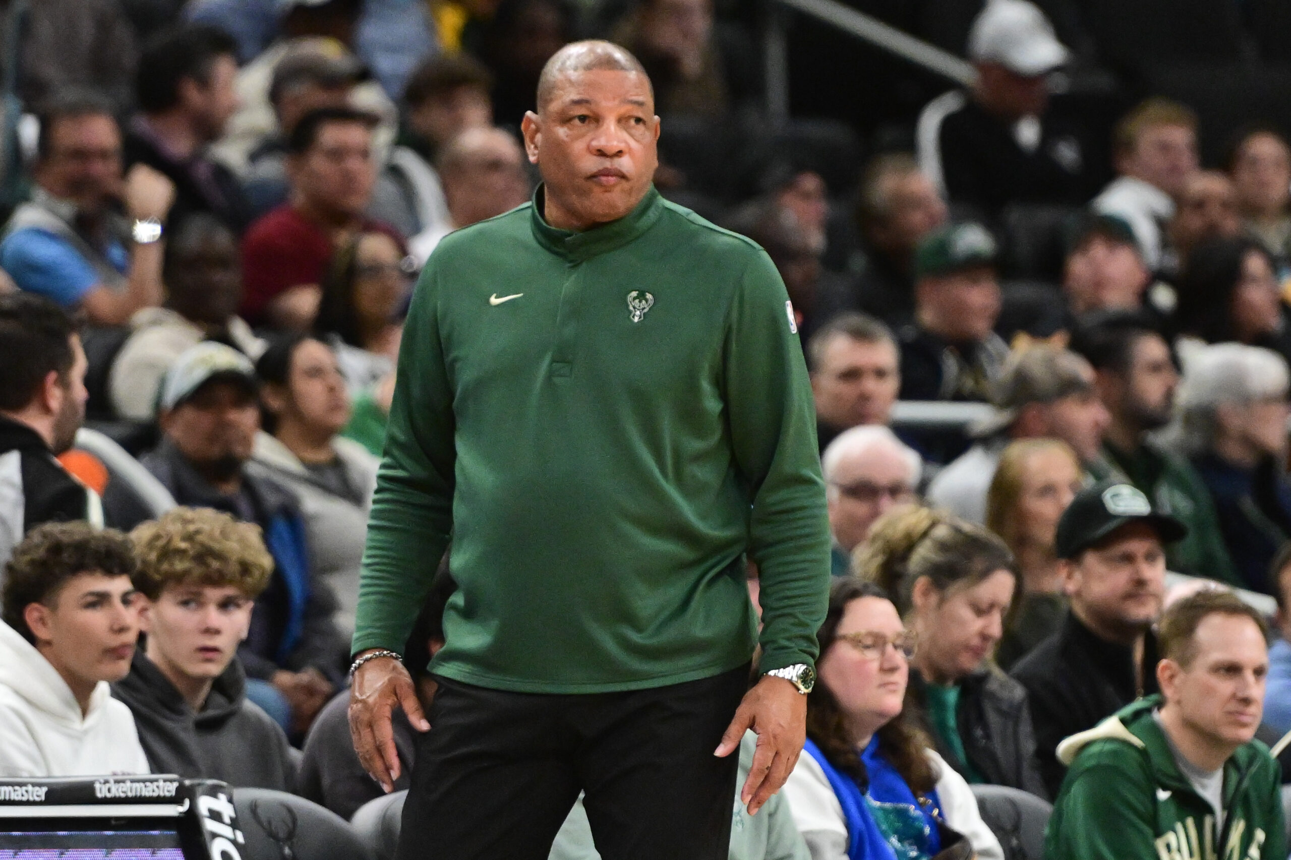 Mar 15, 2026; Milwaukee, Wisconsin, USA; Milwaukee Bucks head coach Doc Rivers looks on in the third quarter against the Indiana Pacers at Fiserv Forum. Mandatory Credit: Benny Sieu-Imagn Images