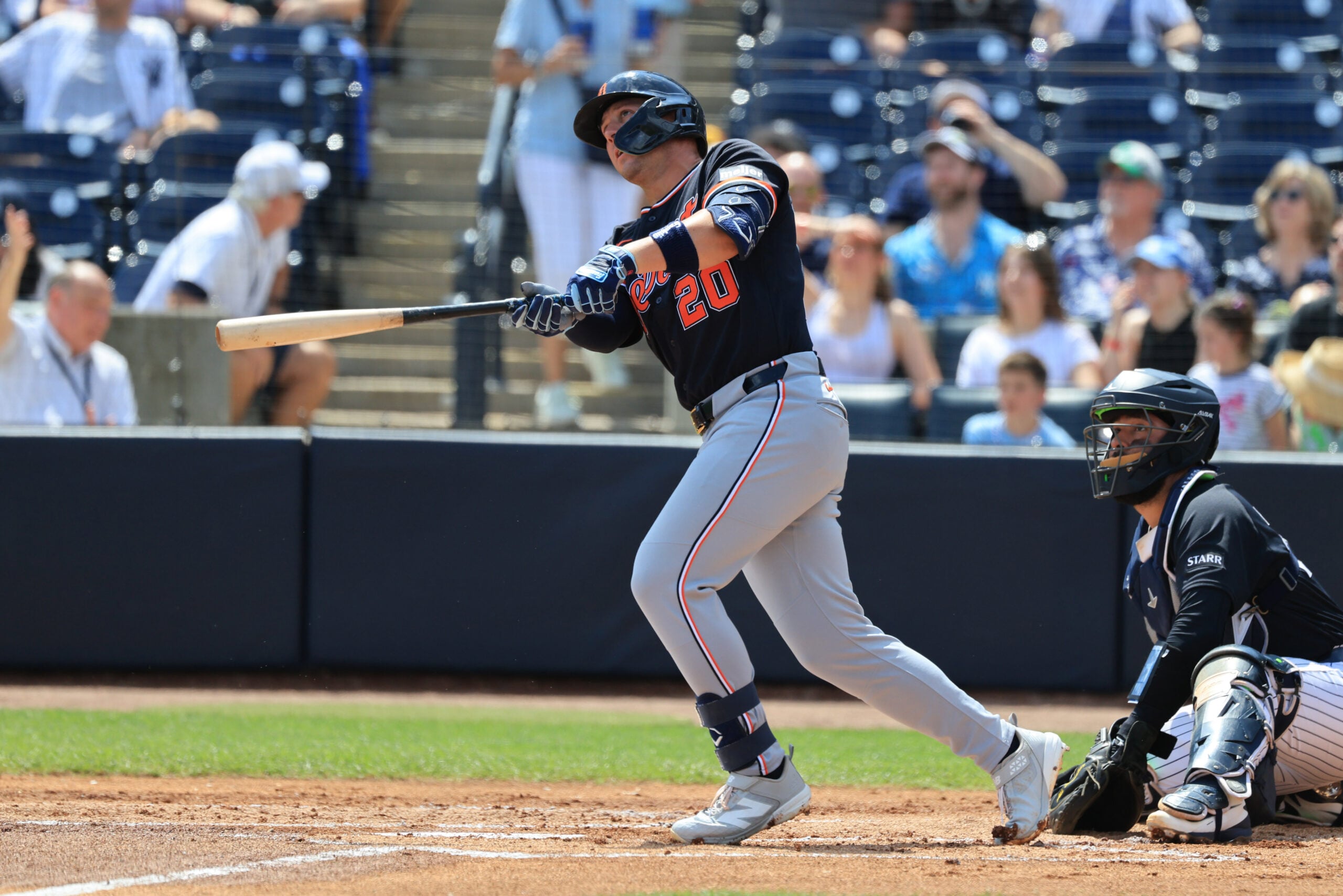 Mar 15, 2026; Tampa, Florida, USA;  Detroit Tigers first baseman Spencer Torkelson (20) hits a 3-run home run during the first inning against the New York Yankees at George M. Steinbrenner Field. Mandatory Credit: Kim Klement Neitzel-Imagn Images