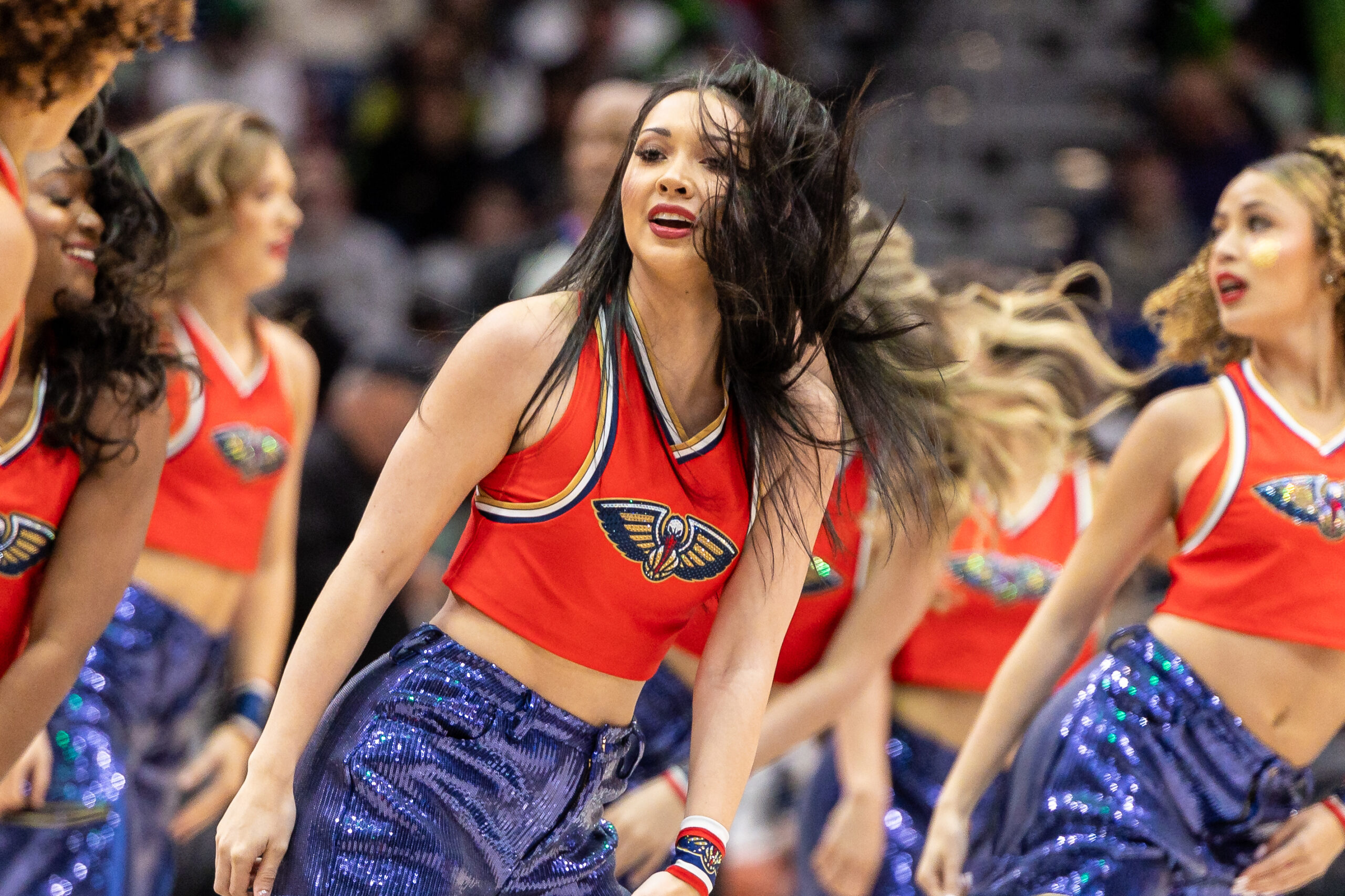 Mar 16, 2026; New Orleans, Louisiana, USA;  New Orleans Pelicans PelsSquad performs against the Dallas Mavericks during the second half at Smoothie King Center. Mandatory Credit: Stephen Lew-Imagn Images