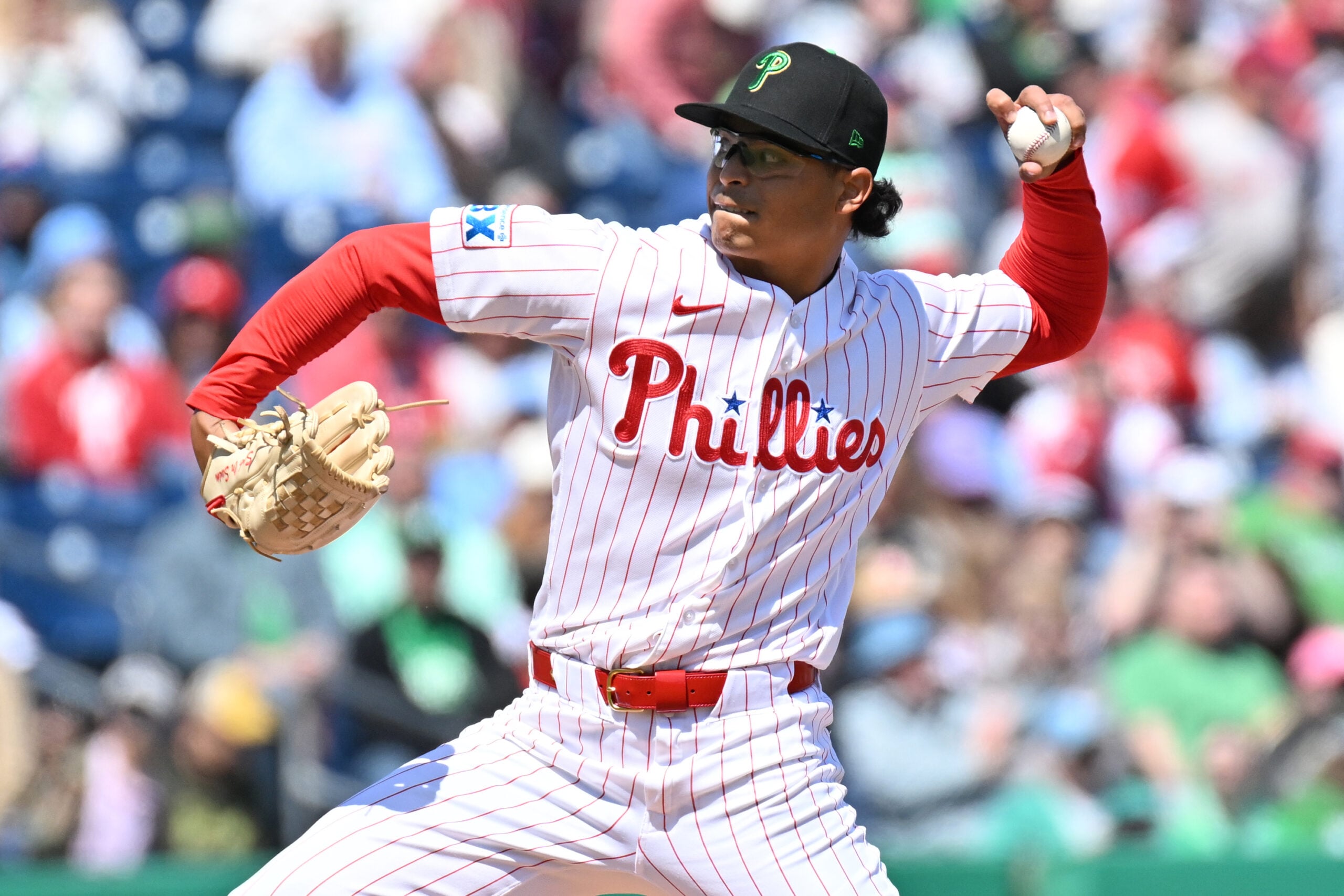 Mar 17, 2026; Clearwater, Florida, USA; Philadelphia Phillies starting pitcher Jesus Luzardo (44) throws a pitch in the first inning against the Minnesota Twins during spring training  at BayCare Ballpark. Mandatory Credit: Jonathan Dyer-Imagn Images