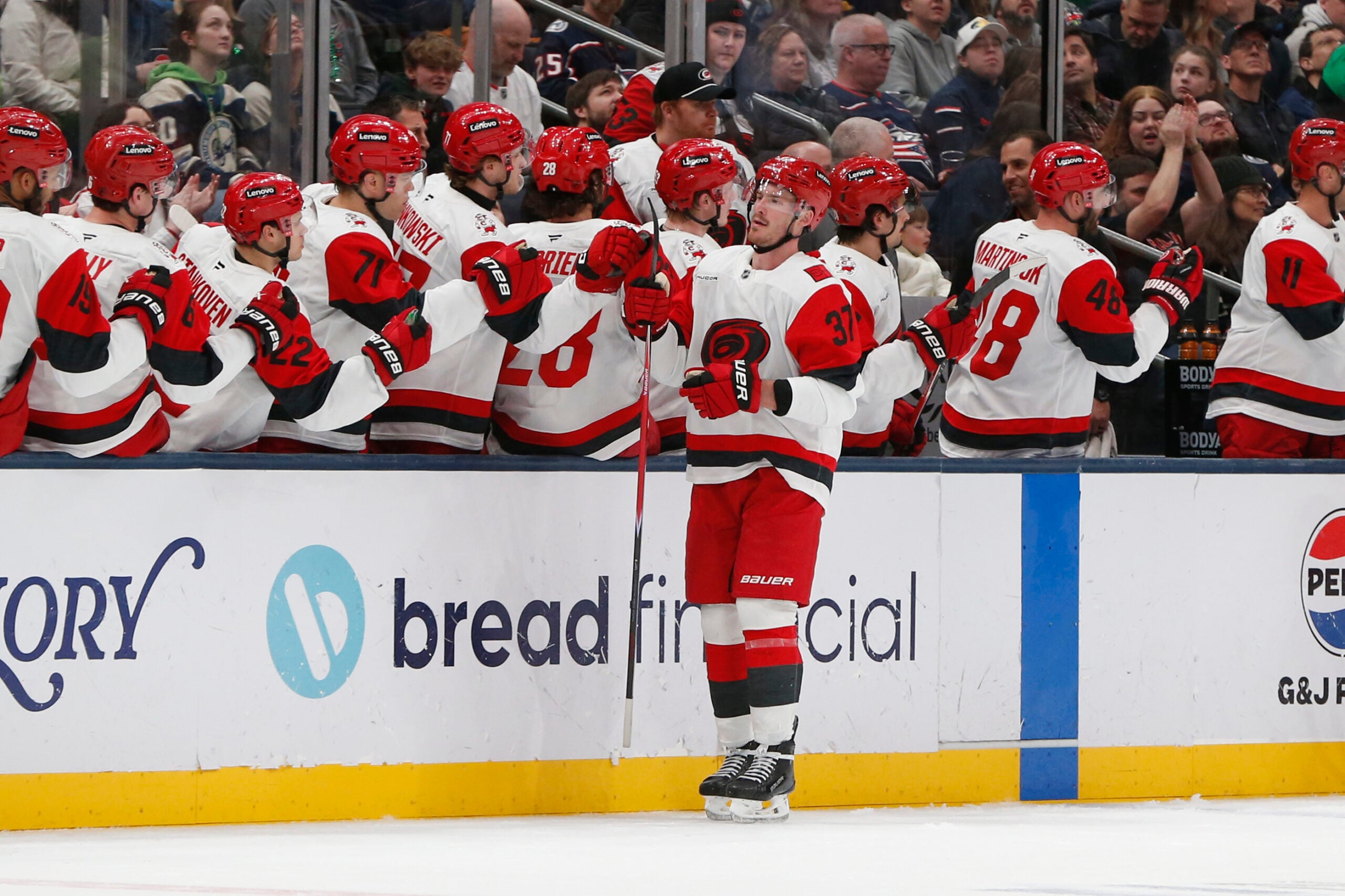Mar 17, 2026; Columbus, Ohio, USA; Carolina Hurricanes right wing Andrei Svechnikov (37) celebrates his goal against the Columbus Blue Jackets during the second period at Nationwide Arena. Mandatory Credit: Russell LaBounty-Imagn Images