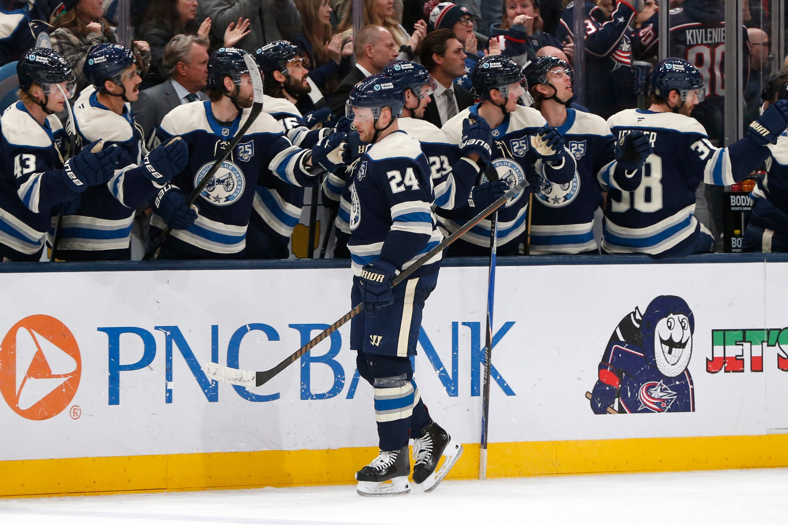 Mar 17, 2026; Columbus, Ohio, USA; Columbus Blue Jackets center Mathieu Olivier (24) celebrates his goal against the Carolina Hurricanes during the third period at Nationwide Arena. Mandatory Credit: Russell LaBounty-Imagn Images