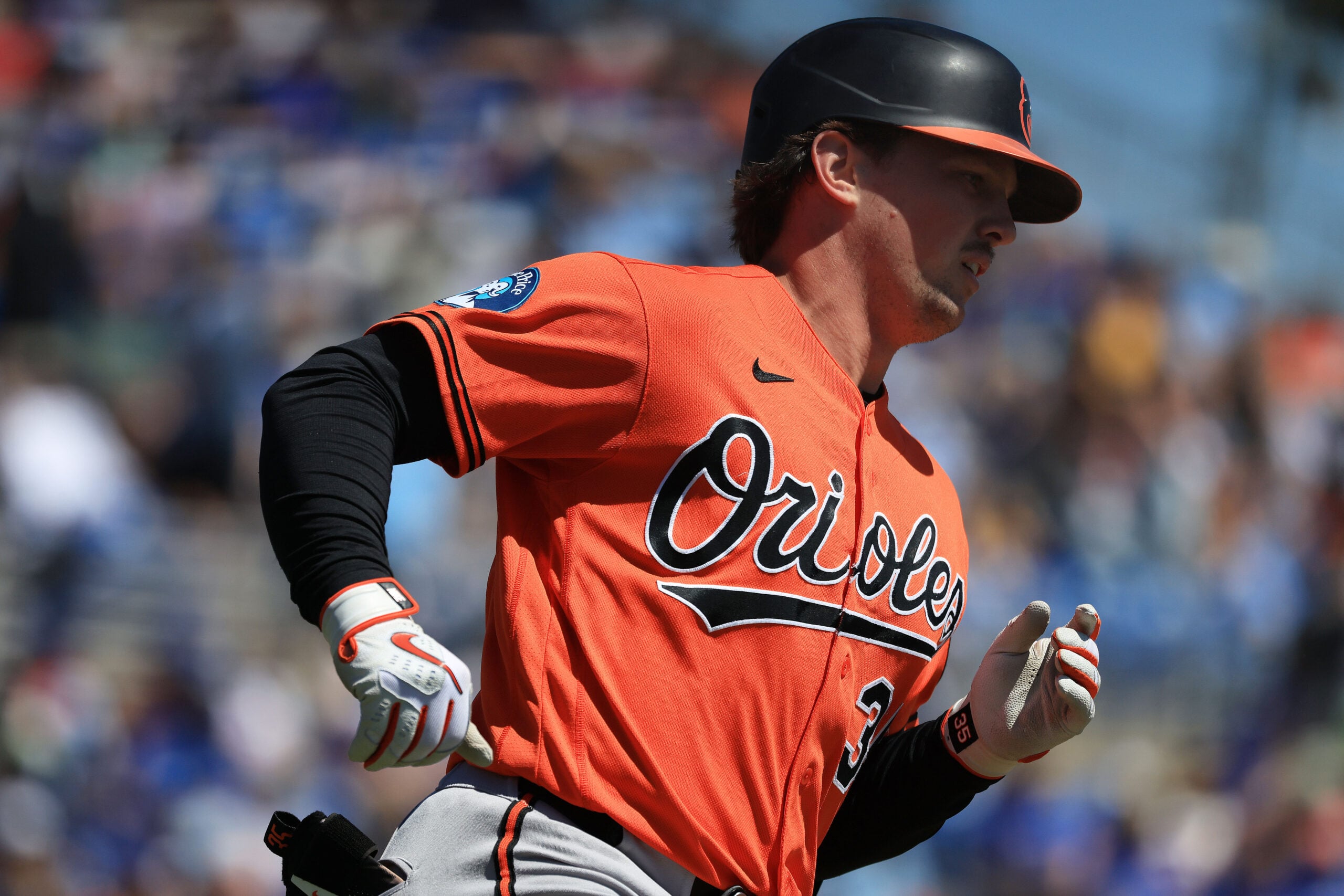 Mar 18, 2026; Dunedin, Florida, USA; Baltimore Orioles catcher Adley Rutschman (35) singles during the first inning against the Toronto Blue Jays at TD Ballpark. Mandatory Credit: Kim Klement Neitzel-Imagn Images