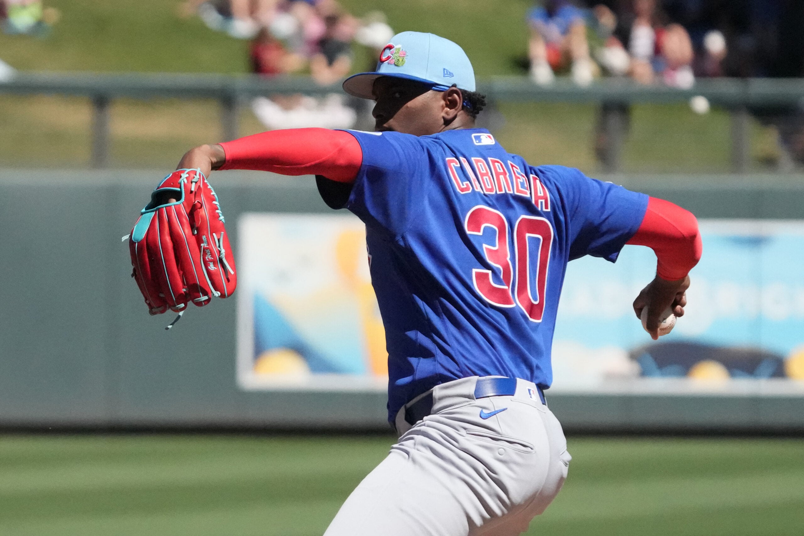 Mar 18, 2026; Salt River Pima-Maricopa, Arizona, USA; Chicago Cubs pitcher Edward Cabrera (30) throws against the Arizona Diamondbacks in the first inning at Salt River Fields at Talking Stick. Mandatory Credit: Rick Scuteri-Imagn Images