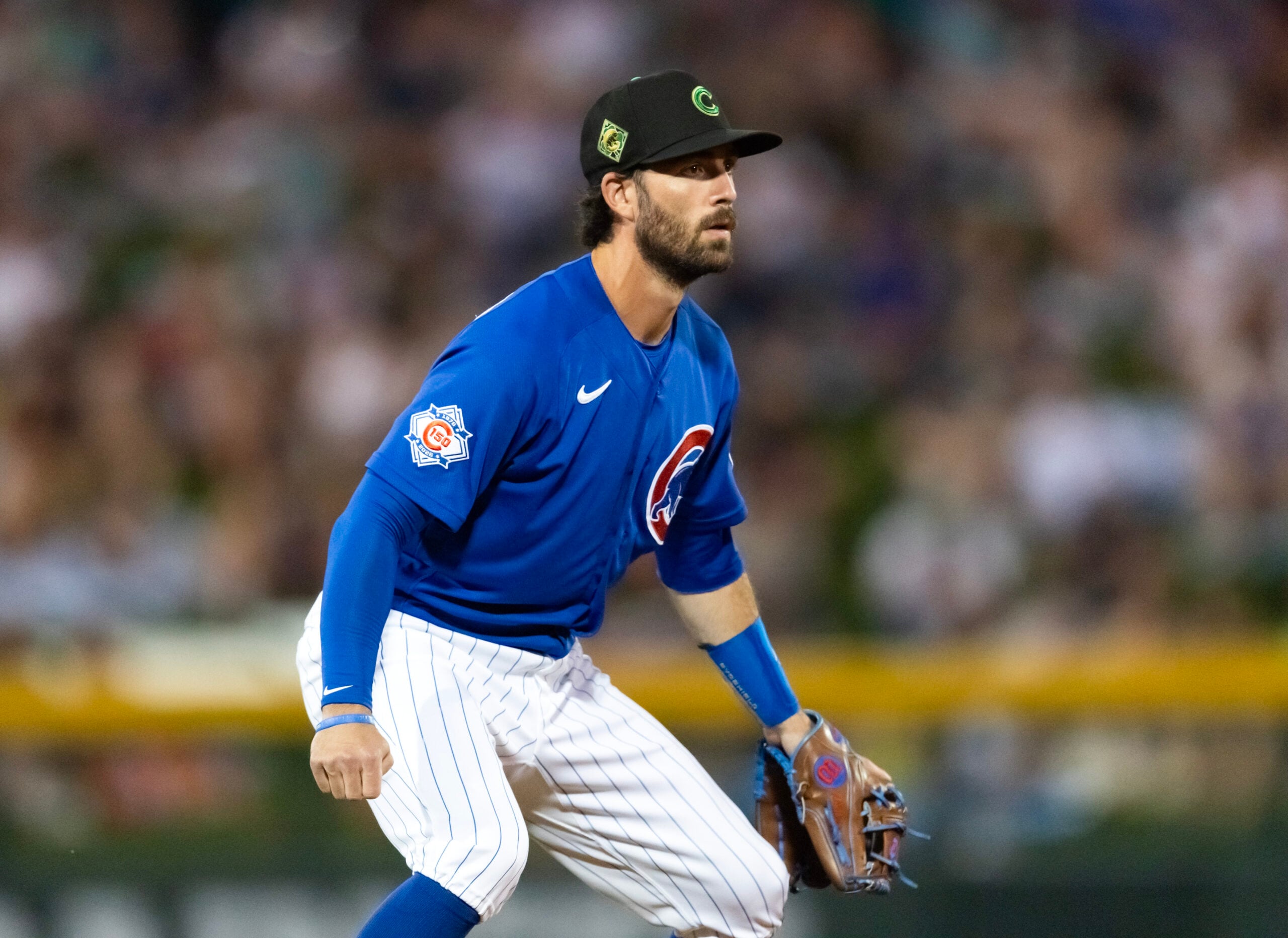 Mar 17, 2026; Mesa, Arizona, USA; Chicago Cubs shortstop Dansby Swanson against the Los Angeles Angels during a spring training game at Sloan Park. Mandatory Credit: Mark J. Rebilas-Imagn Images