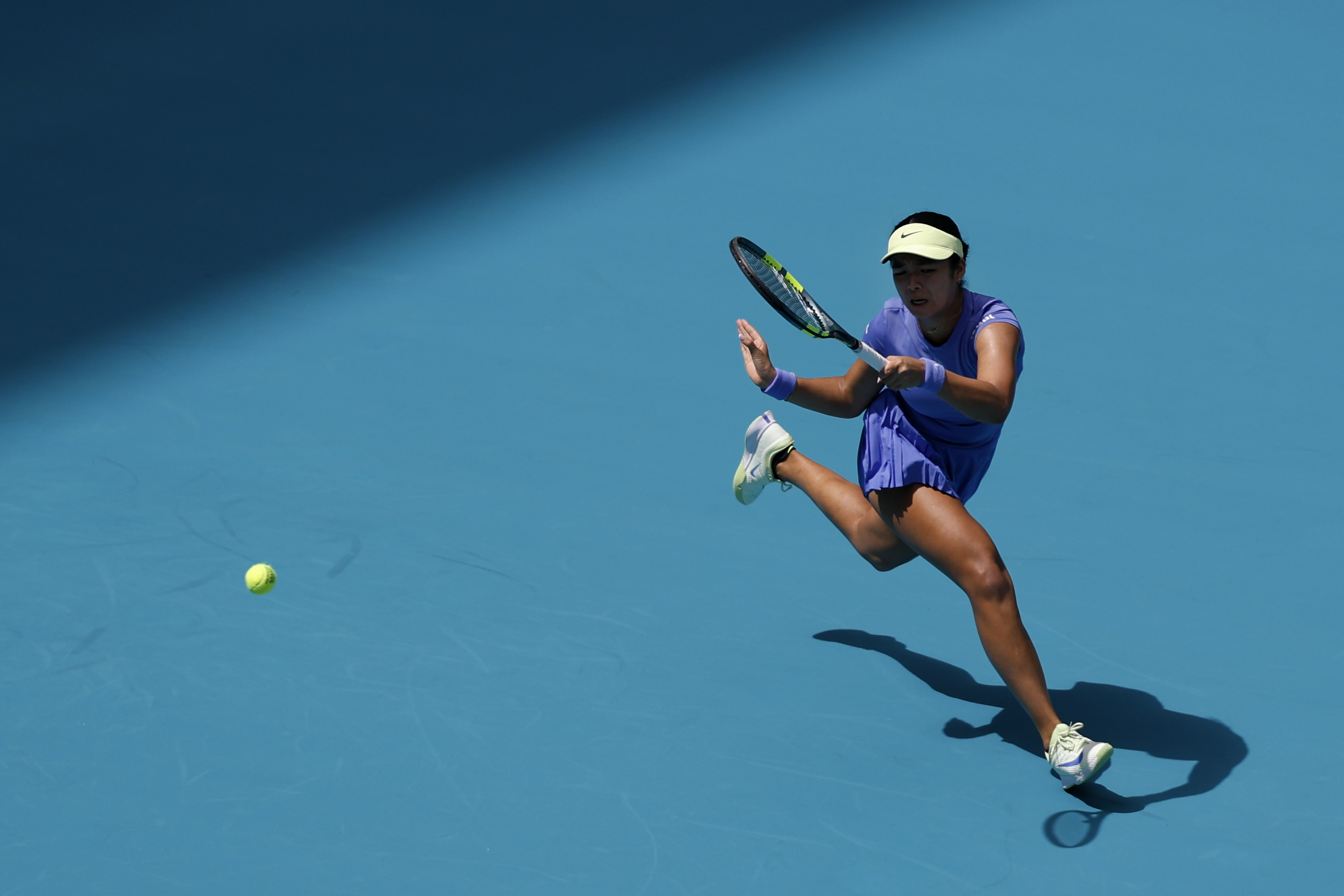 Mar 19, 2026; Miami Gardens, FL, USA; Alexandra Eala (PHI) hits a forehand against Laura Siegemund (GER) (not pictured) on day three of the 2026 Miami Open at Hard Rock Stadium. Mandatory Credit: Geoff Burke-Imagn Images