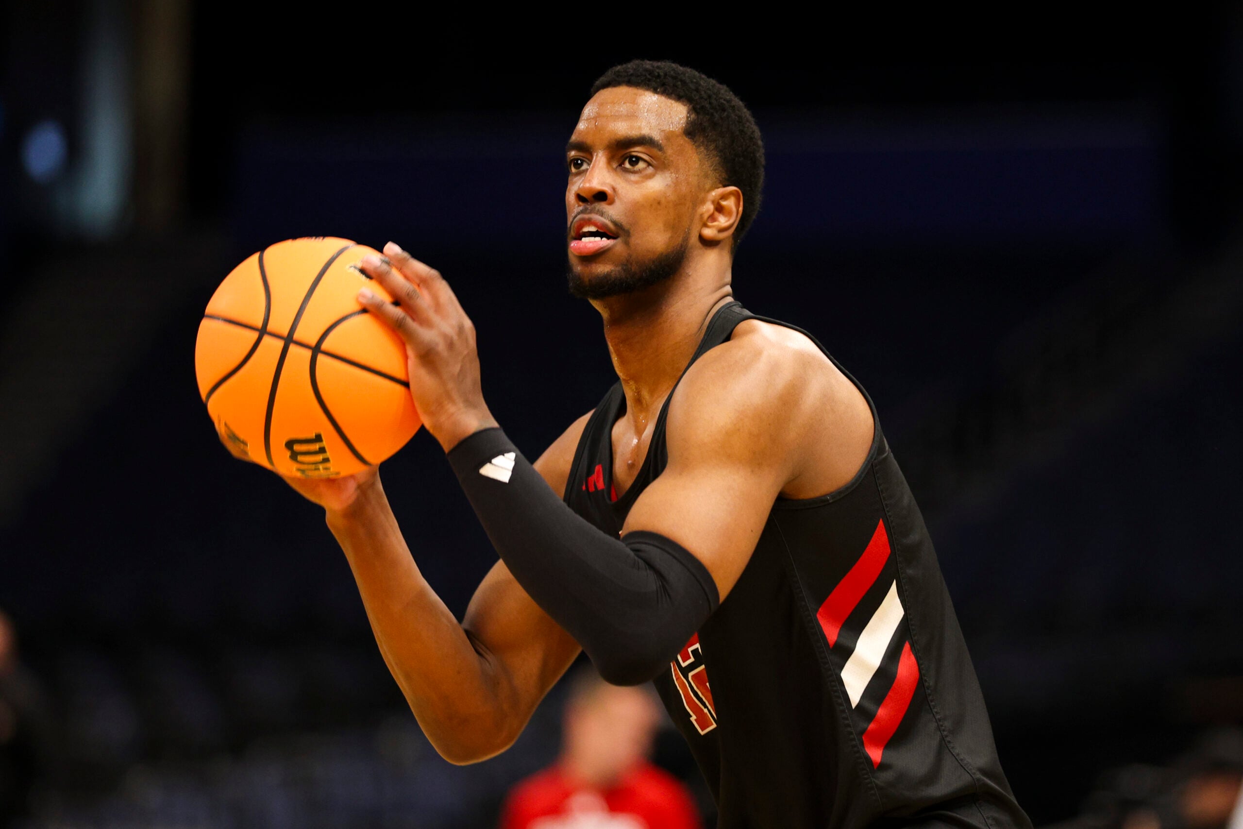 Mar 19, 2026; Tampa, FL, USA; Texas Tech Red Raiders forward Donovan Atwell (12) during a practice session ahead of the first round of the men's 2026 NCAA Tournament at Benchmark International Arena. Mandatory Credit: Nathan Ray Seebeck-Imagn Images