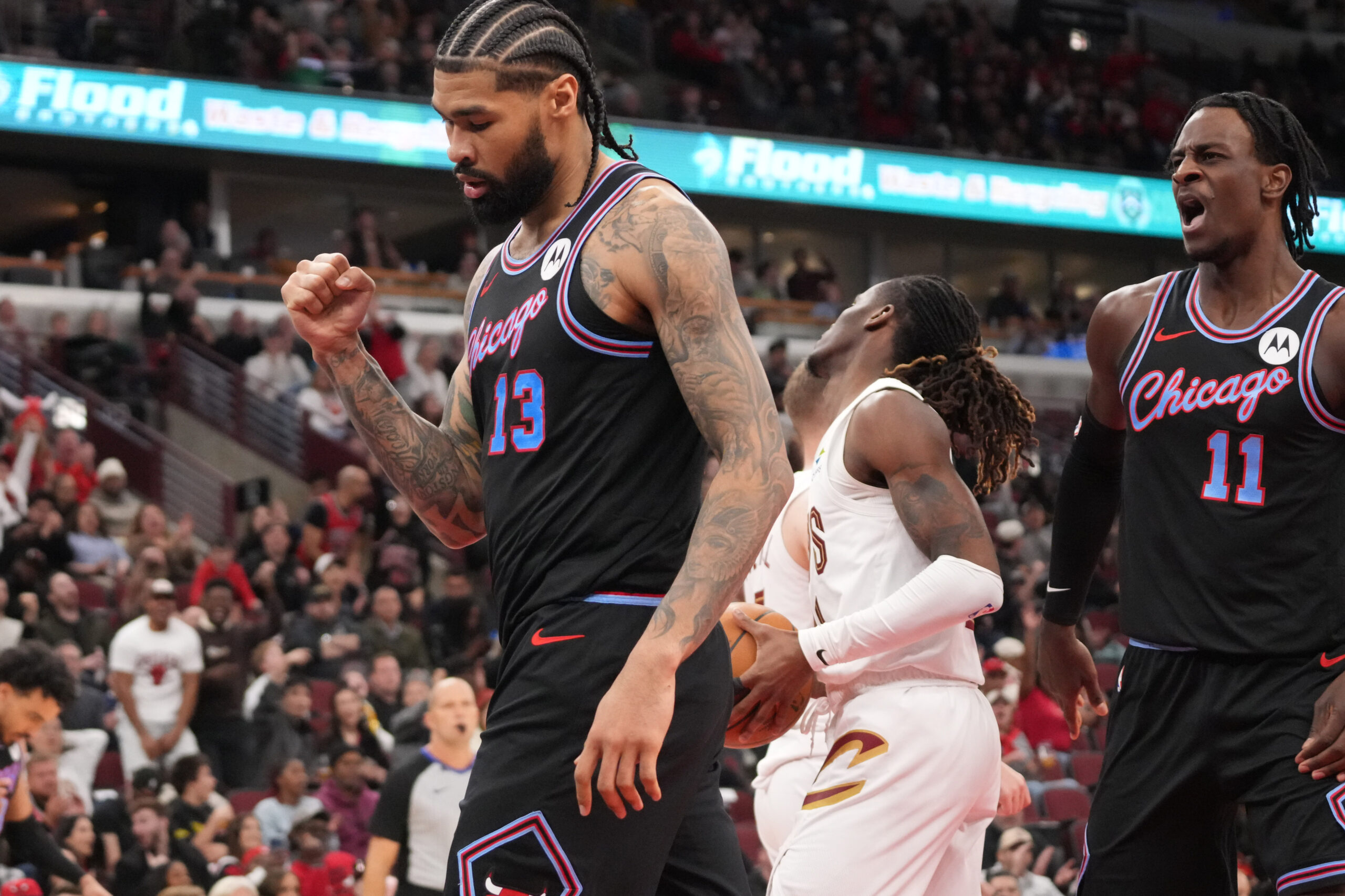 Mar 19, 2026; Chicago, Illinois, USA; Chicago Bulls center Nick Richards (13) gestures after scoring against the Cleveland Cavaliers during the second half at United Center. Mandatory Credit: David Banks-Imagn Images