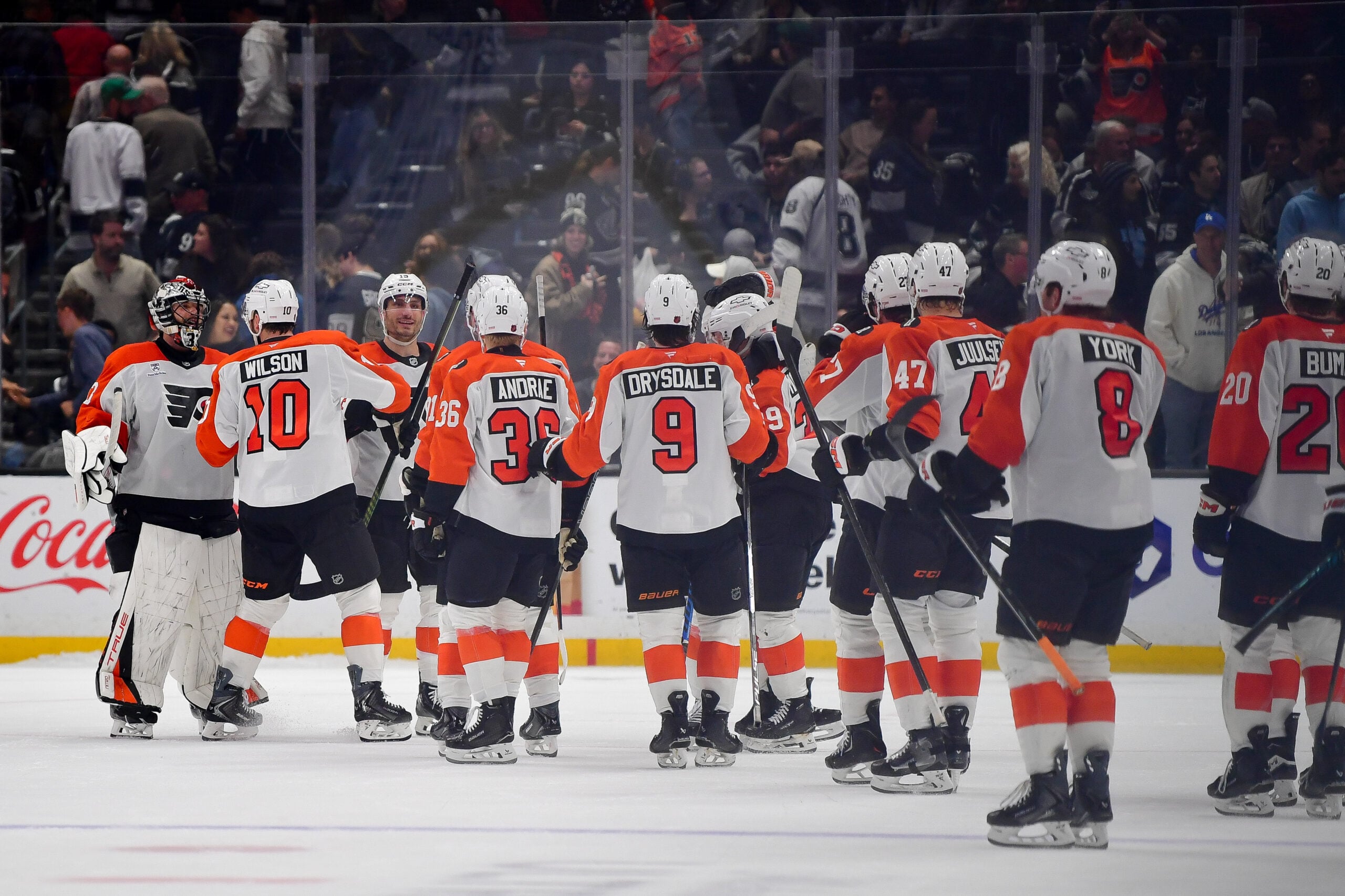 Mar 19, 2026; Los Angeles, California, USA; Philadelphia Flyers celebrate the victory against the Los Angeles Kings following the shootout at Crypto.com Arena. Mandatory Credit: Gary A. Vasquez-Imagn Images