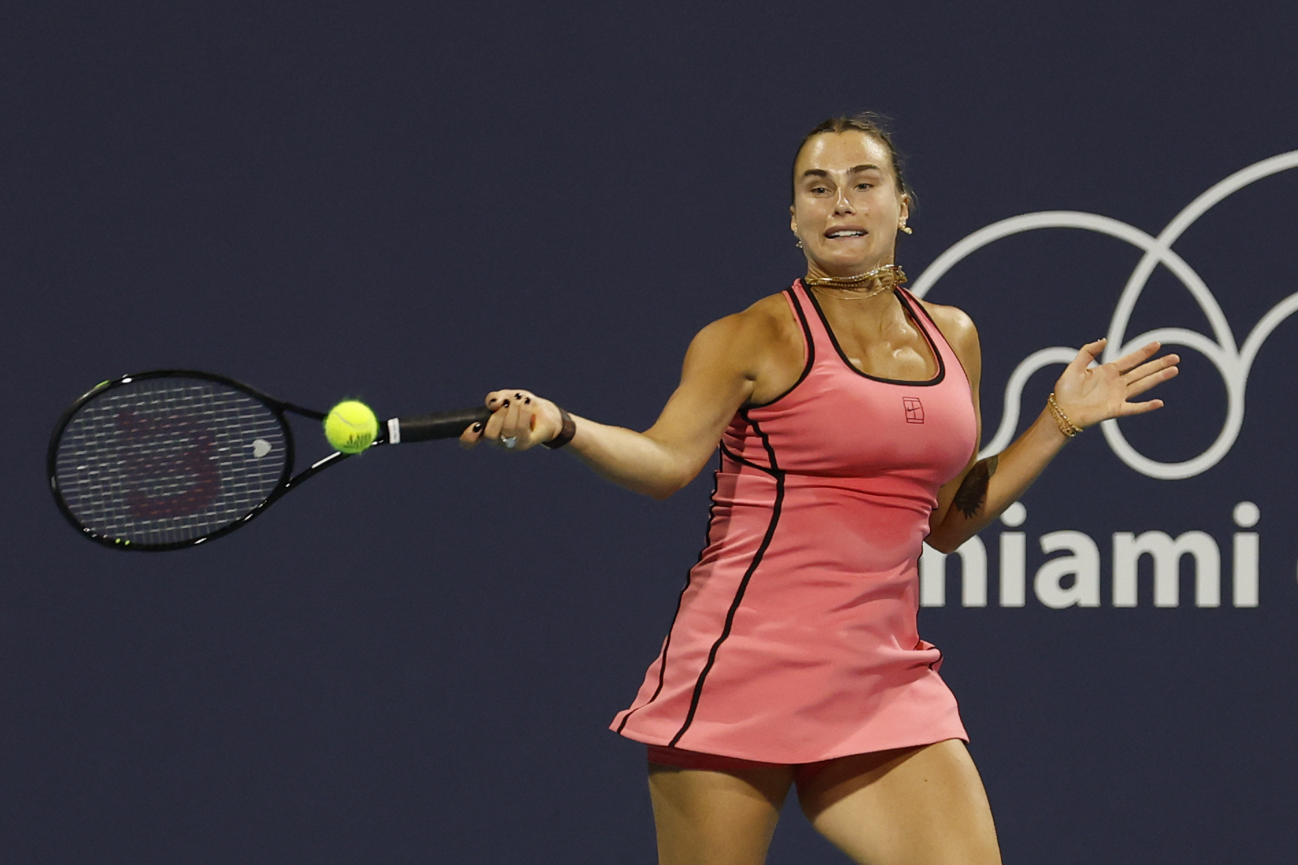 Mar 20, 2026; Miami Gardens, FL, USA; Aryna Sabalenka hits a forehand against Ann Li (USA) (not pictured) on day four of the 2026 Miami Open at Hard Rock Stadium. Mandatory Credit: Geoff Burke-Imagn Images