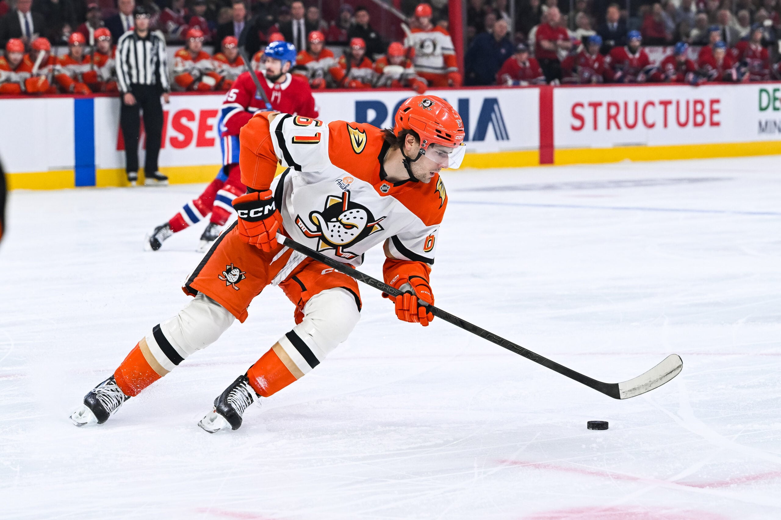 Mar 15, 2026; Montreal, Quebec, CAN; Anaheim Ducks left wing Cutter Gauthier (61) plays the puck against the Montreal Canadiens during the first period at Bell Centre. Mandatory Credit: David Kirouac-Imagn Images