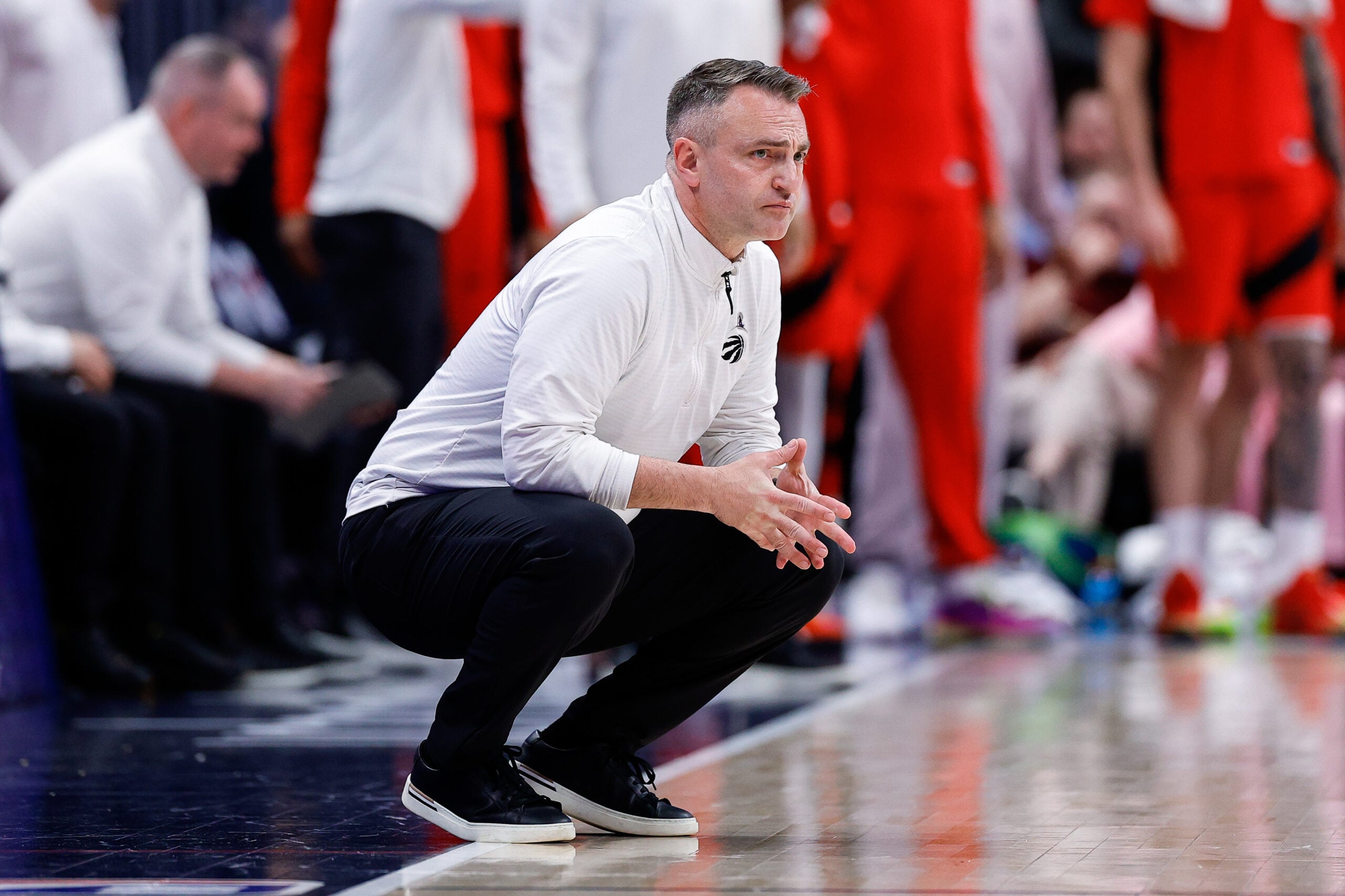 Mar 20, 2026; Denver, Colorado, USA; Toronto Raptors head coach Darko Rajakovic in the fourth quarter against the Denver Nuggets at Ball Arena. Mandatory Credit: Isaiah J. Downing-Imagn Images