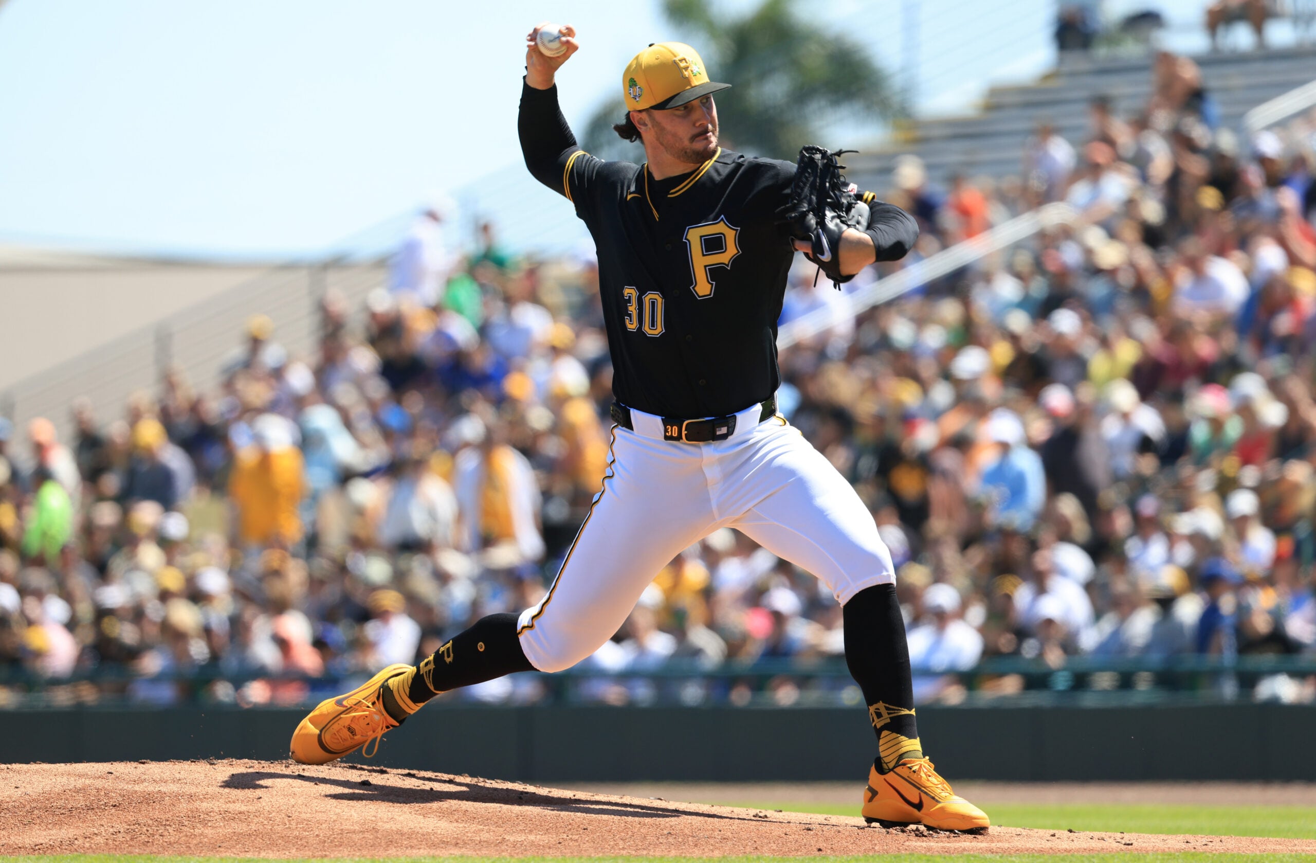Mar 21, 2026; Bradenton, Florida, USA; Pittsburgh Pirates starting pitcher Paul Skenes (30) throws a pitch during the first inning against the Toronto Blue Jays at LECOM Park. Mandatory Credit: Kim Klement Neitzel-Imagn Images