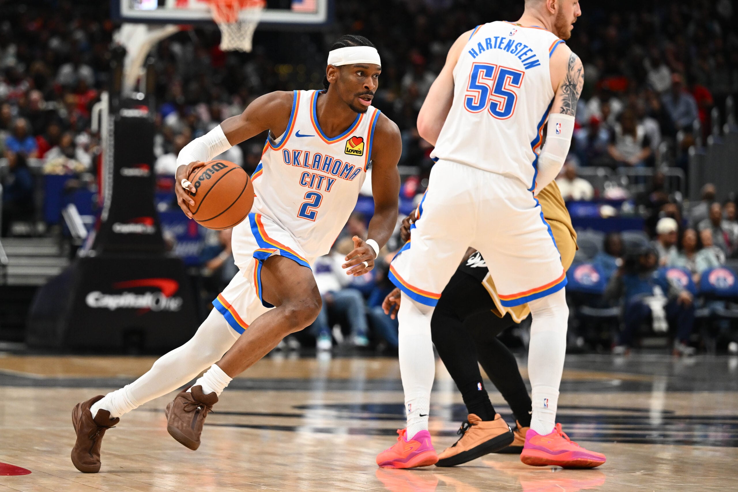 Mar 21, 2026; Washington, District of Columbia, USA; Oklahoma City Thunder guard Shai Gilgeous-Alexander (2) advances the ball against the Washington Wizards during the second half at Capital One Arena. Mandatory Credit: Brad Mills-Imagn Images