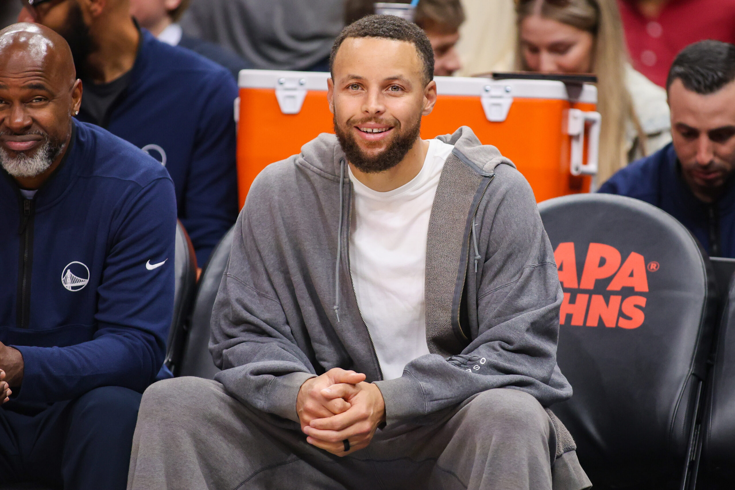 Mar 21, 2026; Atlanta, Georgia, USA; Golden State Warriors guard Stephen Curry (30) on the bench against the Atlanta Hawks in the first quarter at State Farm Arena. Mandatory Credit: Brett Davis-Imagn Images