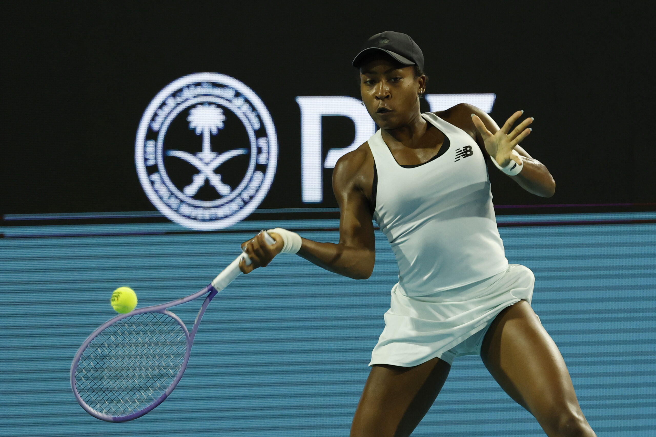 Mar 21, 2026; Miami Gardens, FL, USA; Coco Gauff (USA)  hits a forehand against Alycia Parks (USA) (not pictured) on day five of the 2026 Miami Open at Hard Rock Stadium. Mandatory Credit: Geoff Burke-Imagn Images