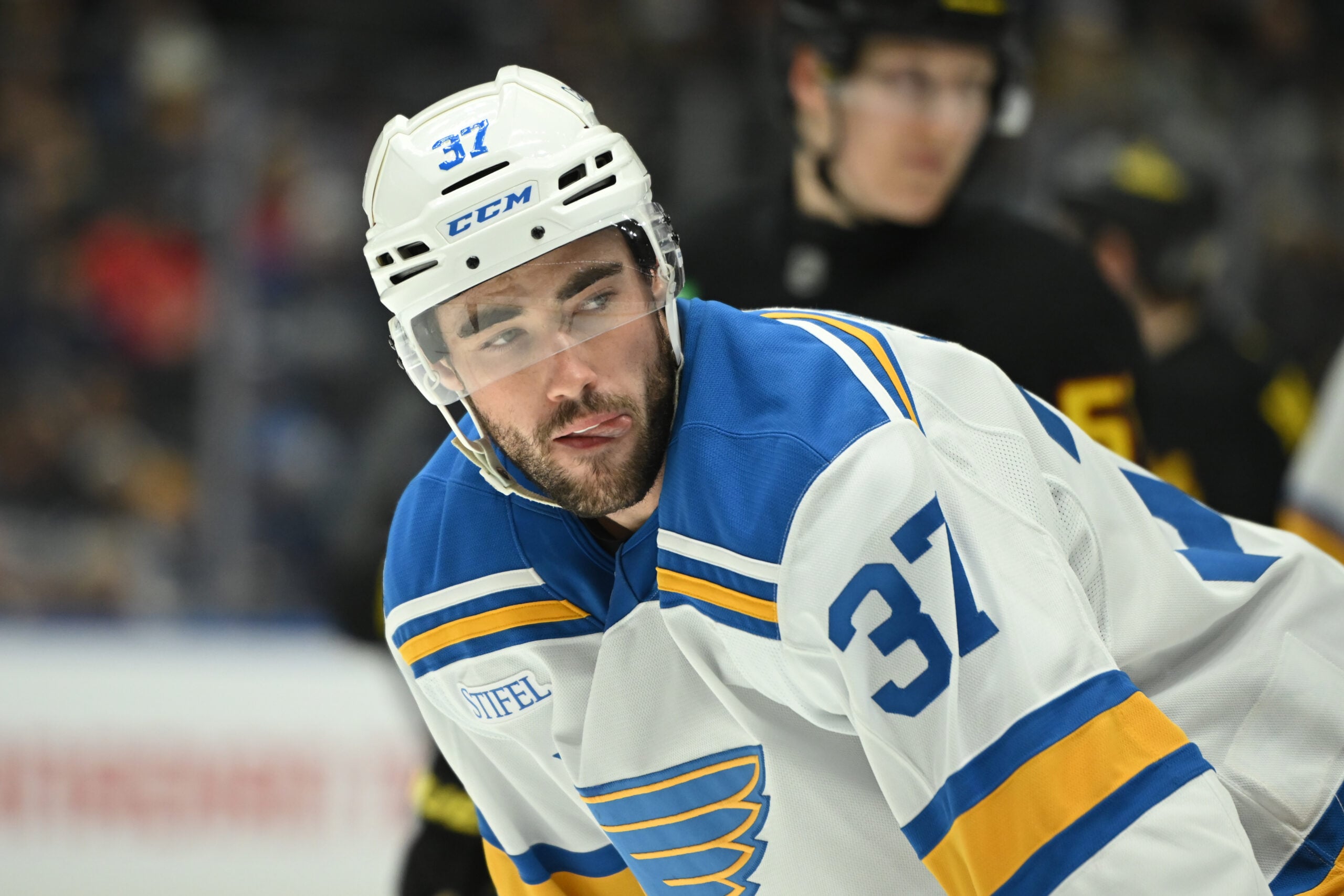 Mar 21, 2026; Vancouver, British Columbia, CAN;  St. Louis Blues center Jack Finley (37) looks on during the third period against the Vancouver Canucks at Rogers Arena. Mandatory Credit: Simon Fearn-Imagn Images