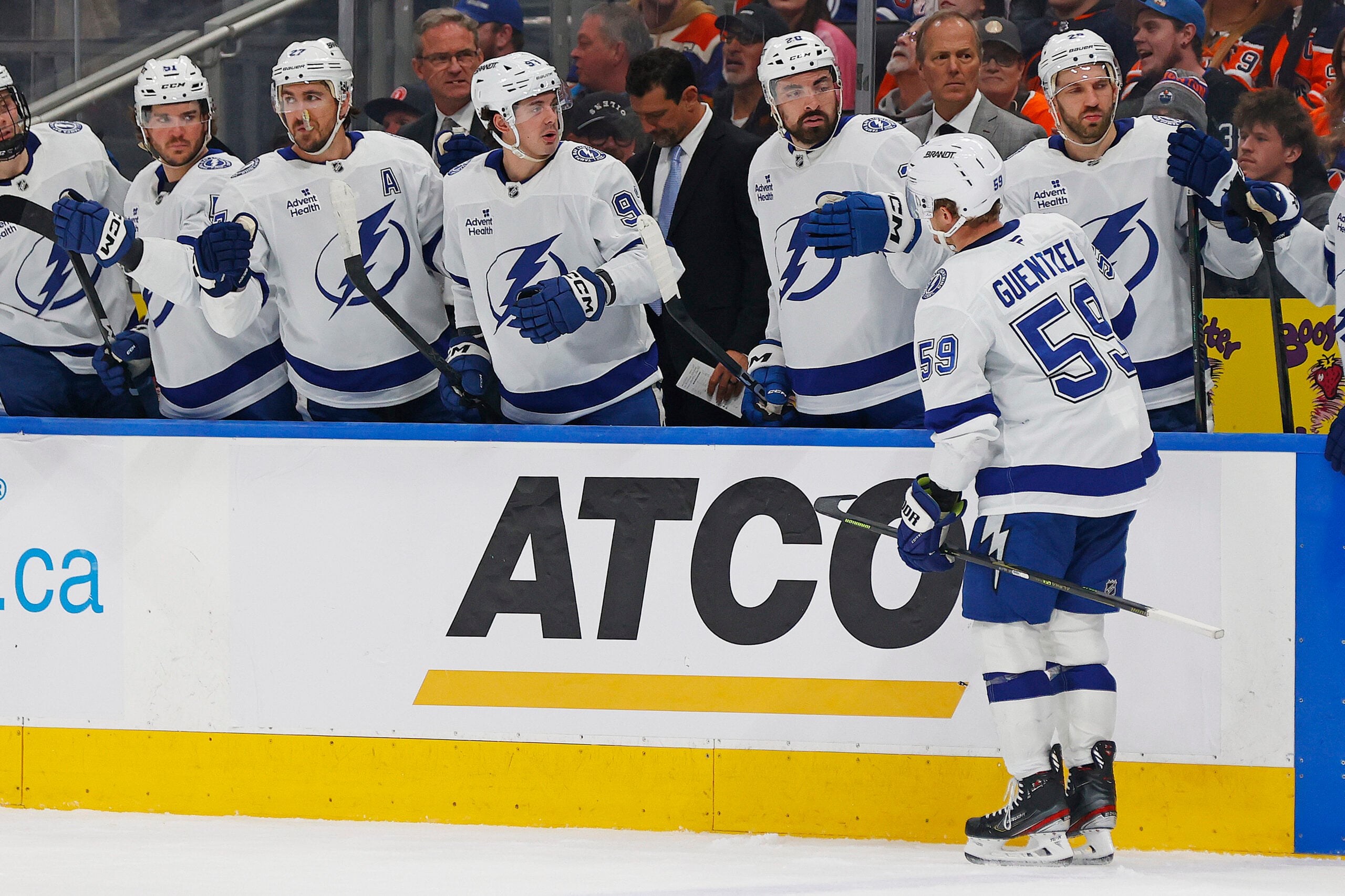 Mar 21, 2026; Edmonton, Alberta, CAN; The Tampa Bay Lightning celebrate a goal scored by forward Jake Guentzel (59) during the second period against the Edmonton Oilers at Rogers Place. Mandatory Credit: Perry Nelson-Imagn Images