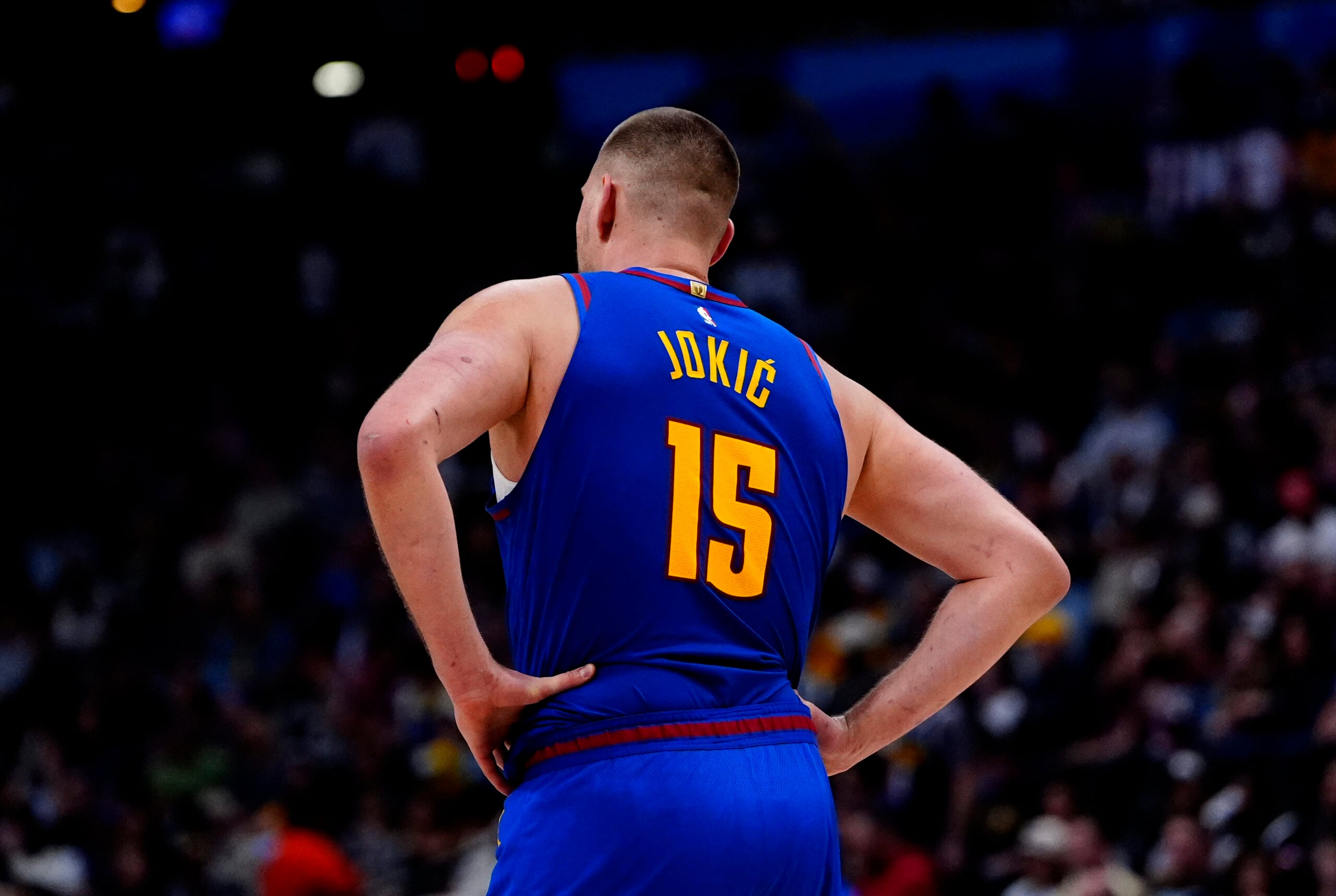 Mar 22, 2026; Denver, Colorado, USA; Denver Nuggets center Nikola Jokic (15) during the game against the Portland Trail Blazers  second half at Ball Arena. Mandatory Credit: Ron Chenoy-Imagn Images