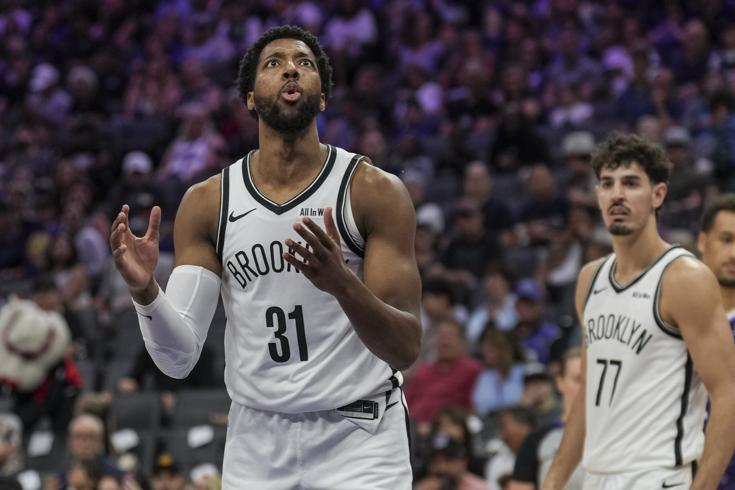 Mar 22, 2026; Sacramento, California, USA; Brooklyn Nets forward Chaney Johnson (31) reacts during the third quarter against the Sacramento Kings at Golden 1 Center. Mandatory Credit: Justine Willard-Imagn Images