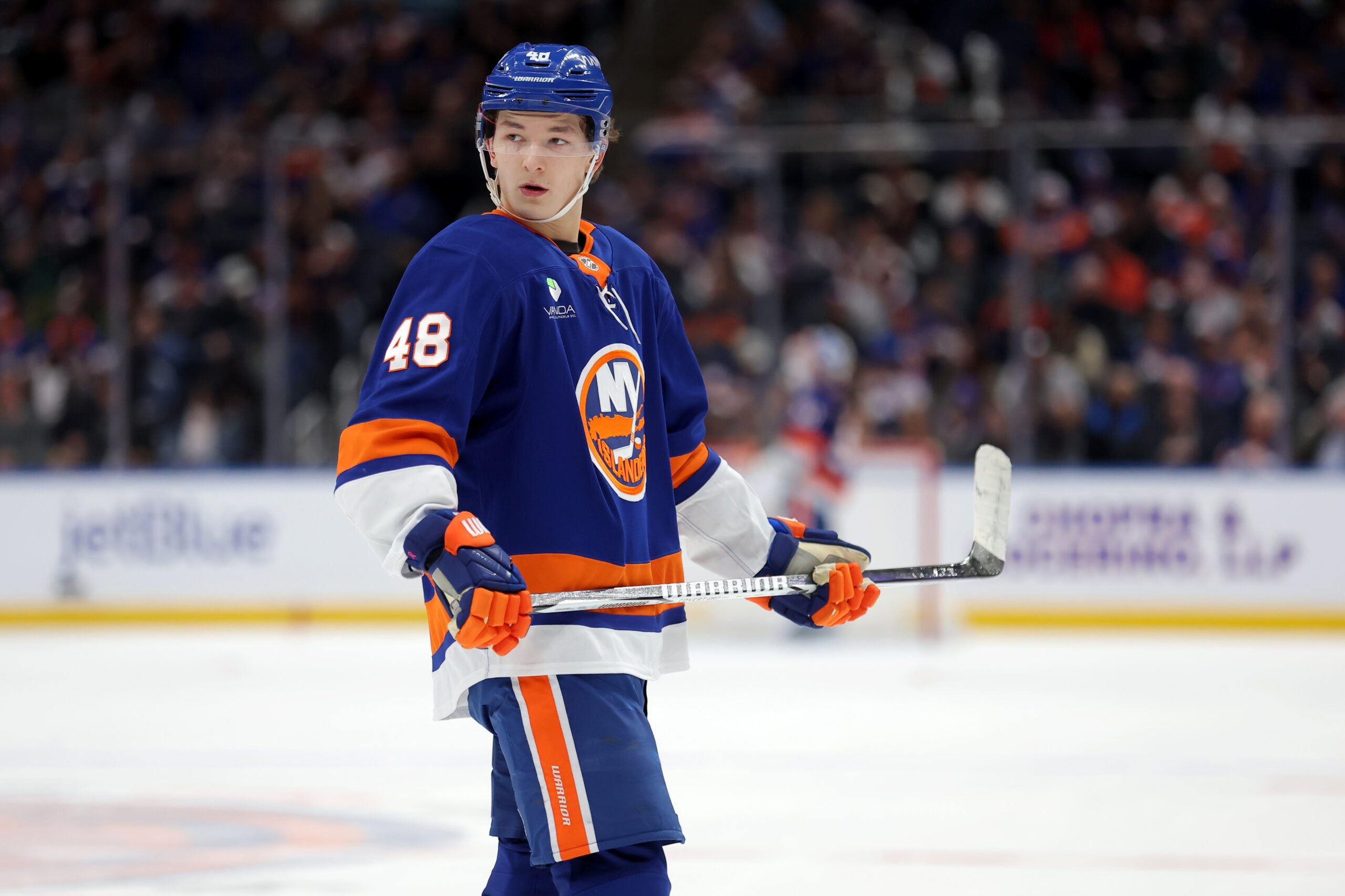 Mar 22, 2026; Elmont, New York, USA; New York Islanders defenseman Matthew Schaefer (48) skates against the Columbus Blue Jackets during the second period at UBS Arena. Mandatory Credit: Brad Penner-Imagn Images