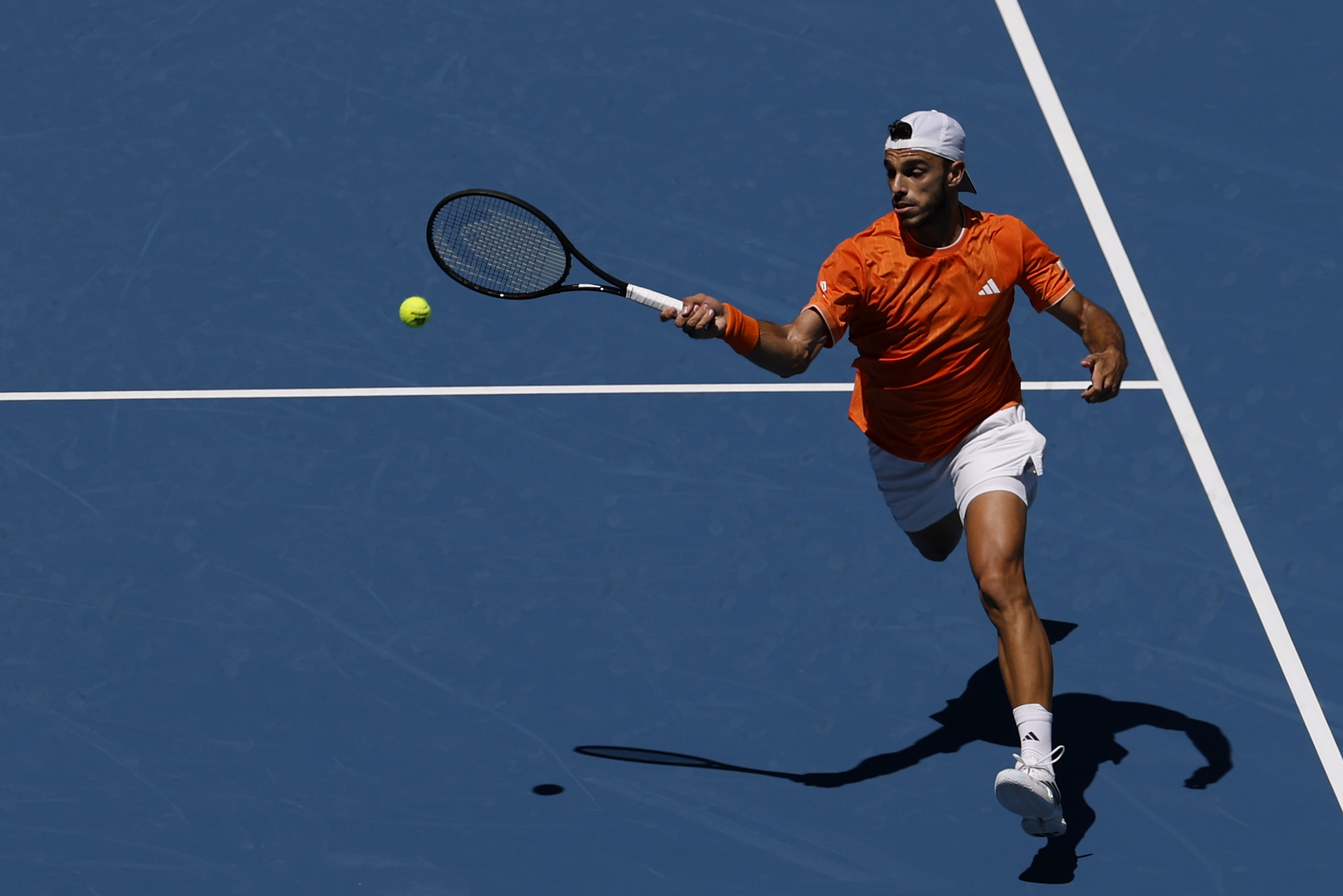 Mar 23, 2026; Miami Gardens, FL, USA; Francisco Cerundolo (ARG) hits a forehand against Daniil Medvedev (not pictured) on day 7 of the 2026 Miami Open at Hard Rock Stadium. Mandatory Credit: Geoff Burke-Imagn Images