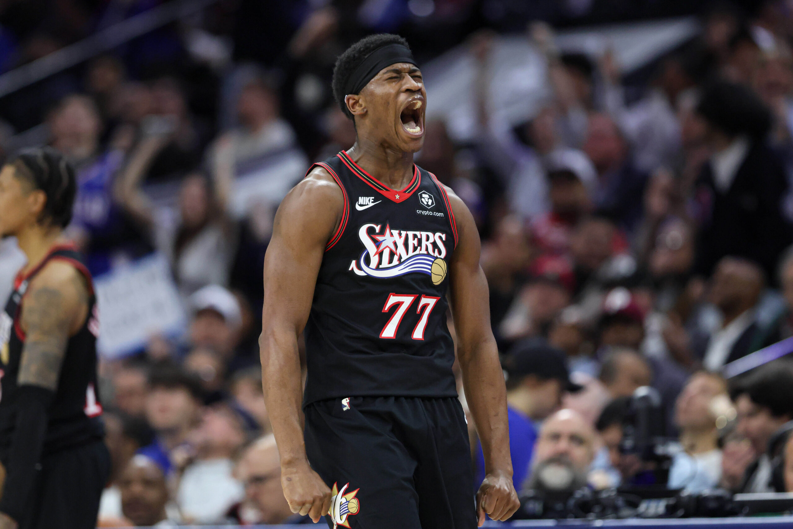 Mar 23, 2026; Philadelphia, Pennsylvania, USA; Philadelphia 76ers guard Vj Edgecombe (77) reacts after his three pointer against the Oklahoma City Thunder during the fourth quarter at Xfinity Mobile Arena. Mandatory Credit: Bill Streicher-Imagn Images