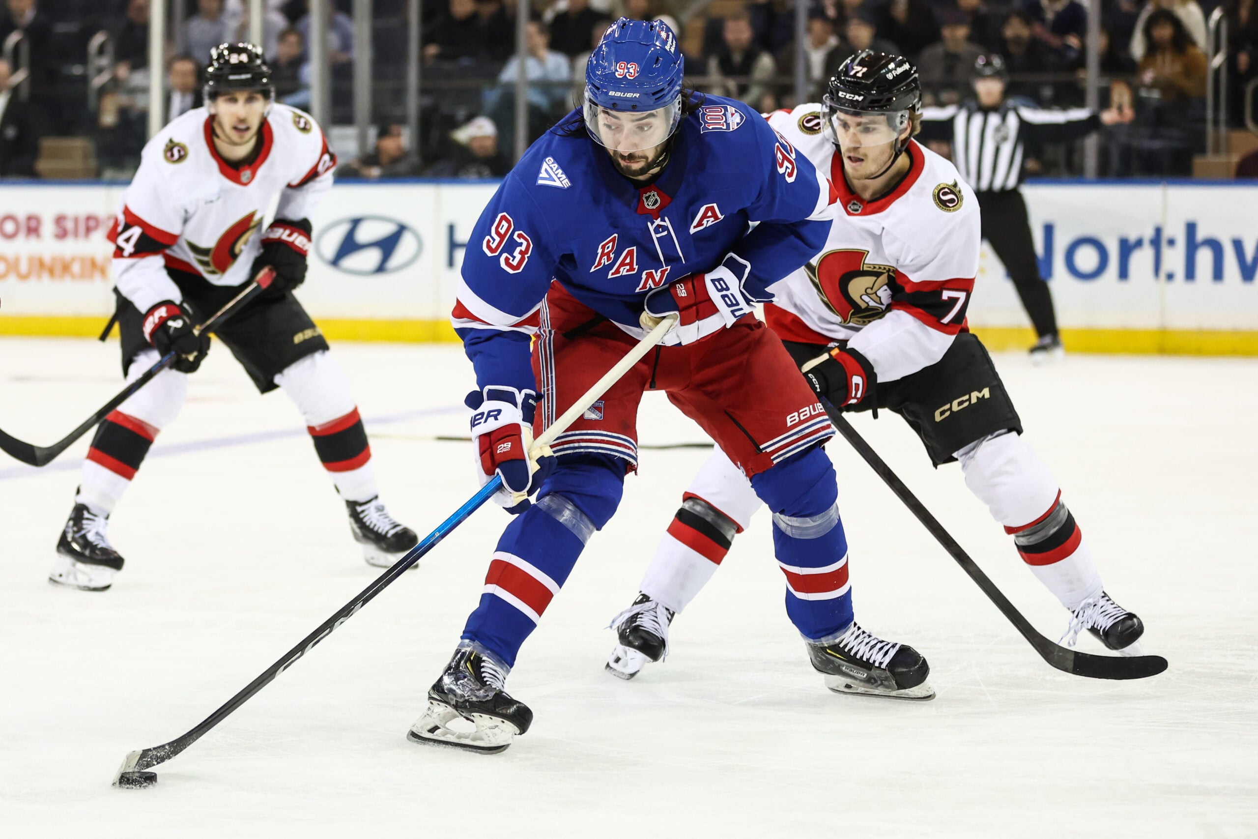 Mar 23, 2026; New York, New York, USA;  New York Rangers center Mika Zibanejad (93) controls the puck in the third period against the Ottawa Senators at Madison Square Garden. Mandatory Credit: Wendell Cruz-Imagn Images