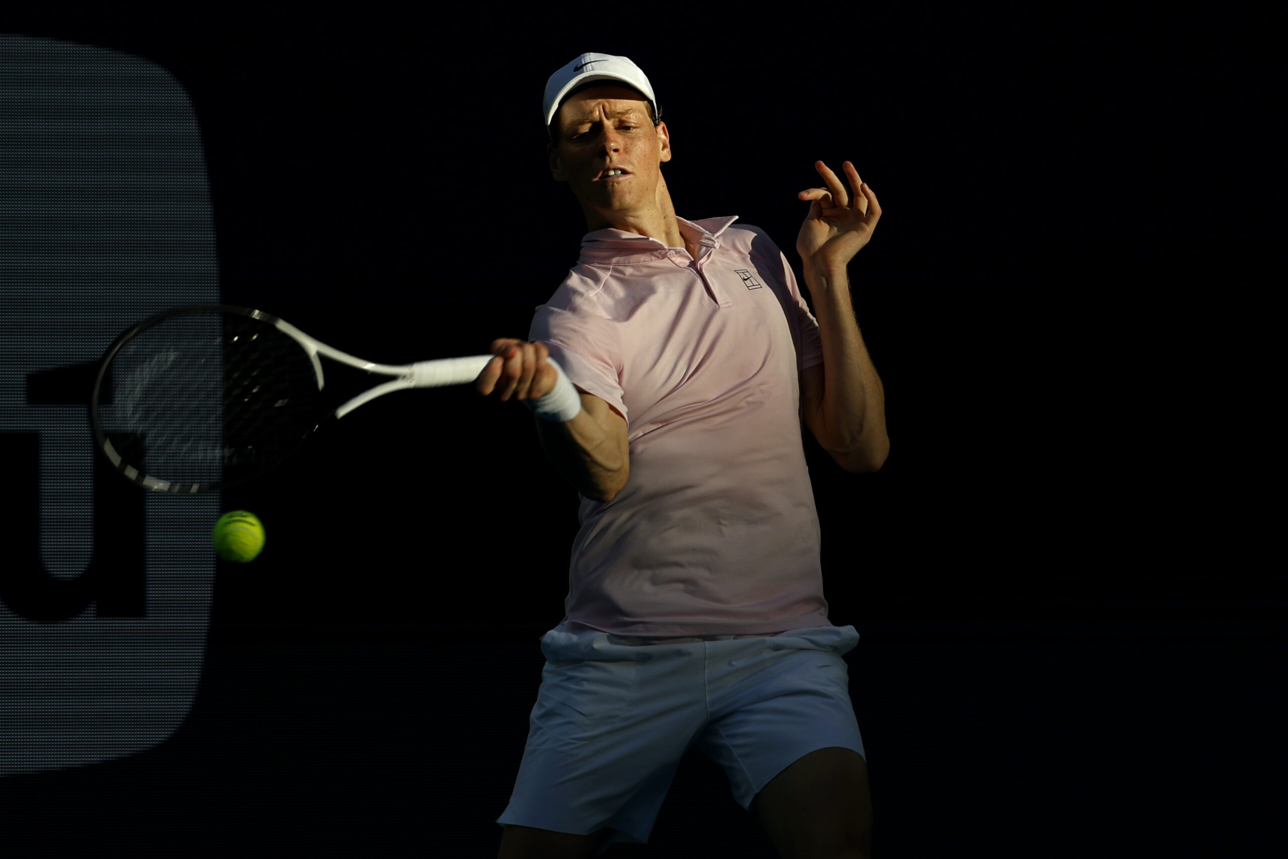 Mar 24, 2026; Miami Gardens, FL, USA; Jannik Sinner (ITA) hits a forehand against Alex Michelsen (USA) (not pictured) on day eight of the 2026 Miami Open at Hard Rock Stadium. Mandatory Credit: Geoff Burke-Imagn Images