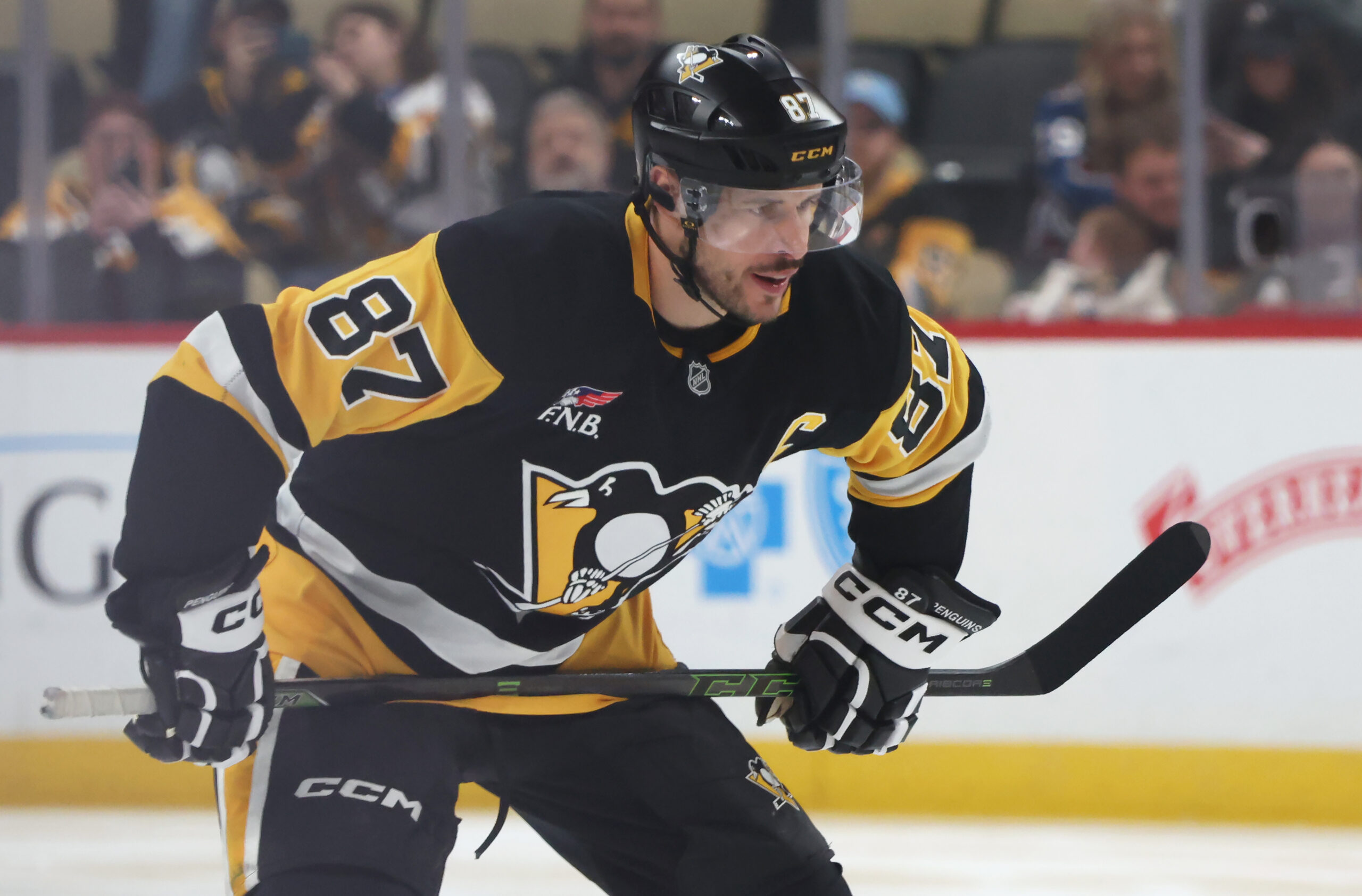 Mar 24, 2026; Pittsburgh, Pennsylvania, USA; Pittsburgh Penguins center Sidney Crosby (87) prepares to take the opening face-off against the Colorado Avalanche during the first period at PPG Paints Arena. Mandatory Credit: Charles LeClaire-Imagn Images