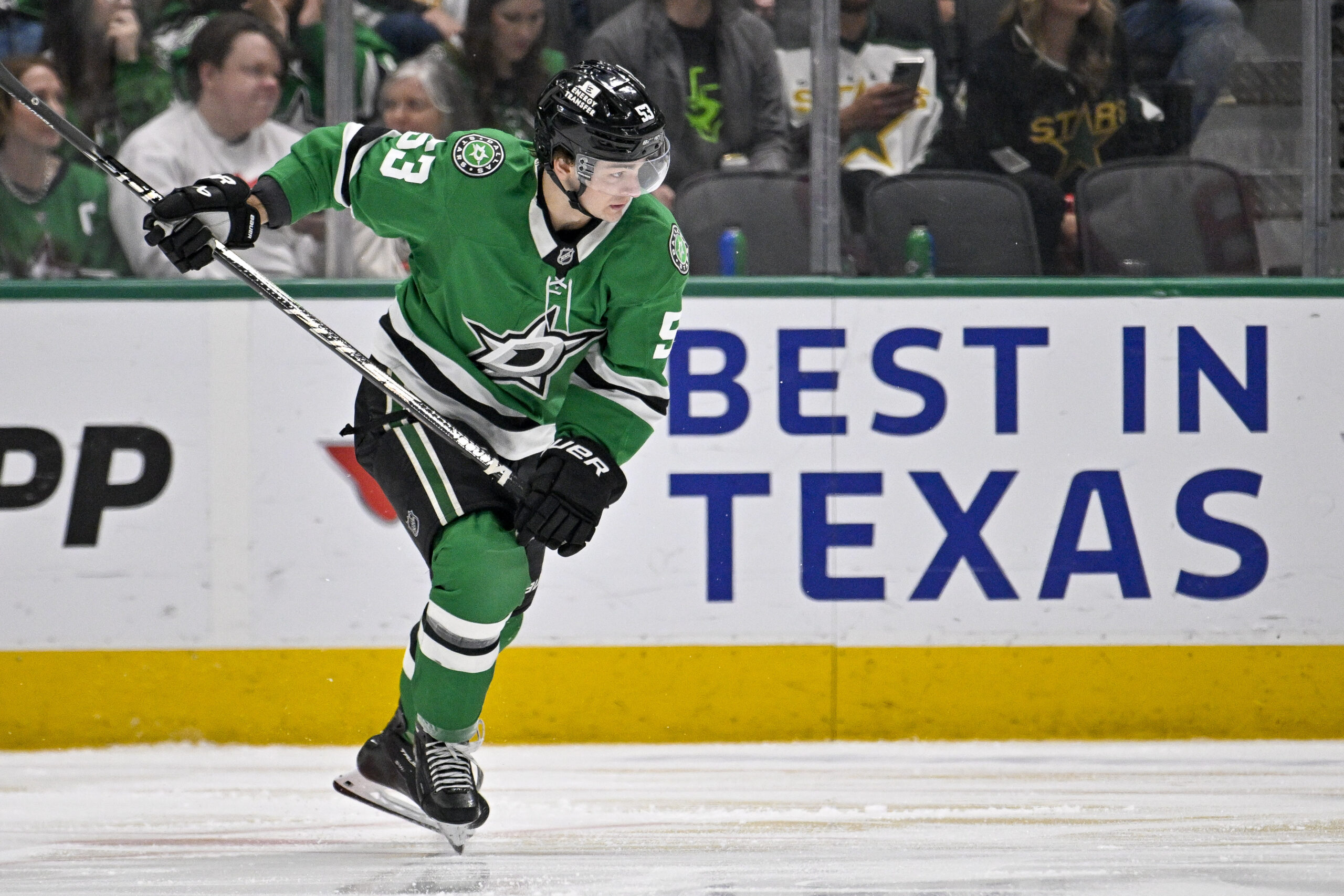 Mar 24, 2026; Dallas, Texas, USA; Dallas Stars center Wyatt Johnston (53) skates against the New Jersey Devils during the third period at the American Airlines Center. Mandatory Credit: Jerome Miron-Imagn Images