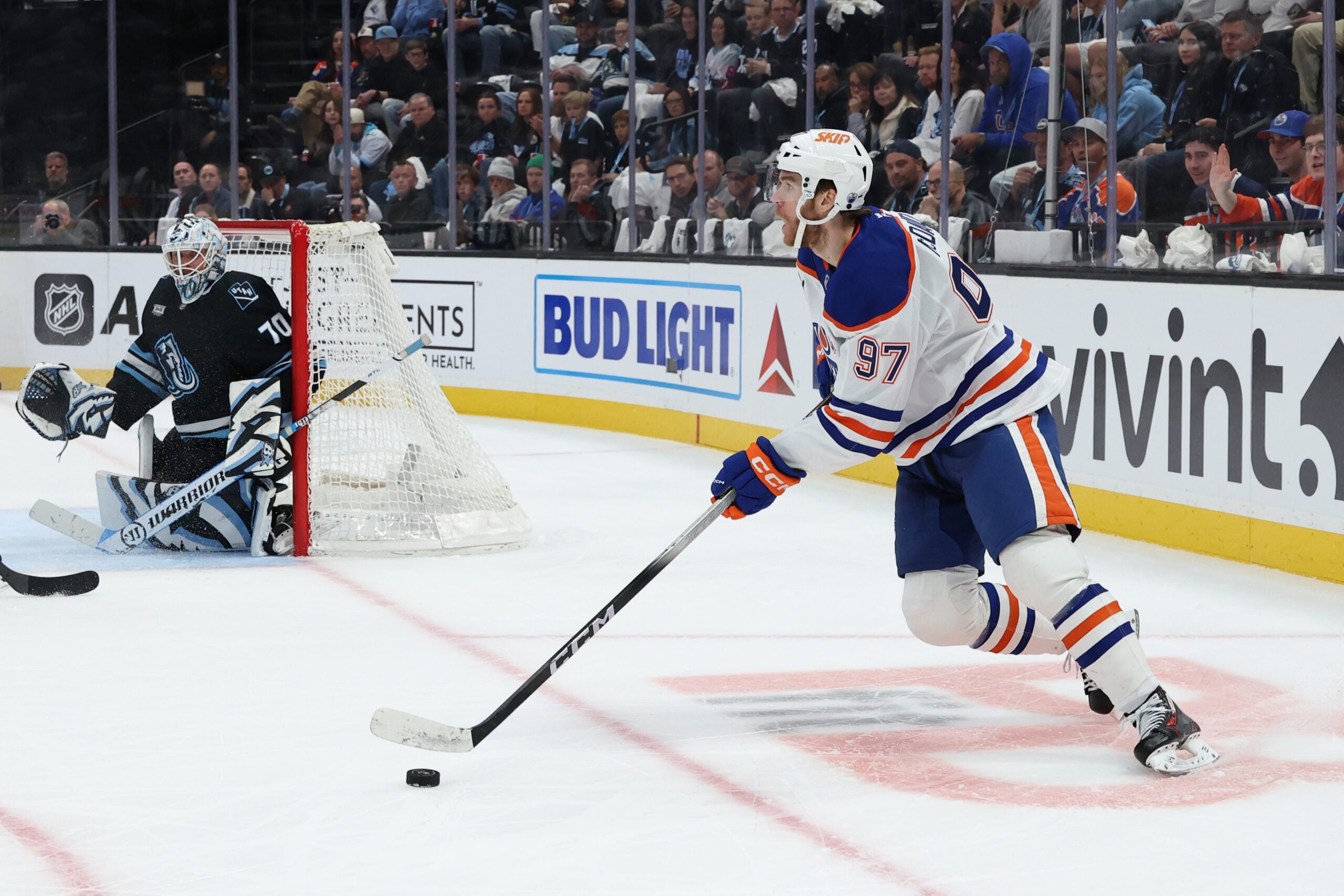 Mar 24, 2026; Salt Lake City, Utah, USA; Edmonton Oilers center Connor McDavid (97) looks to pass against the Utah Mammoth during the second period at Delta Center. Mandatory Credit: Rob Gray-Imagn Images