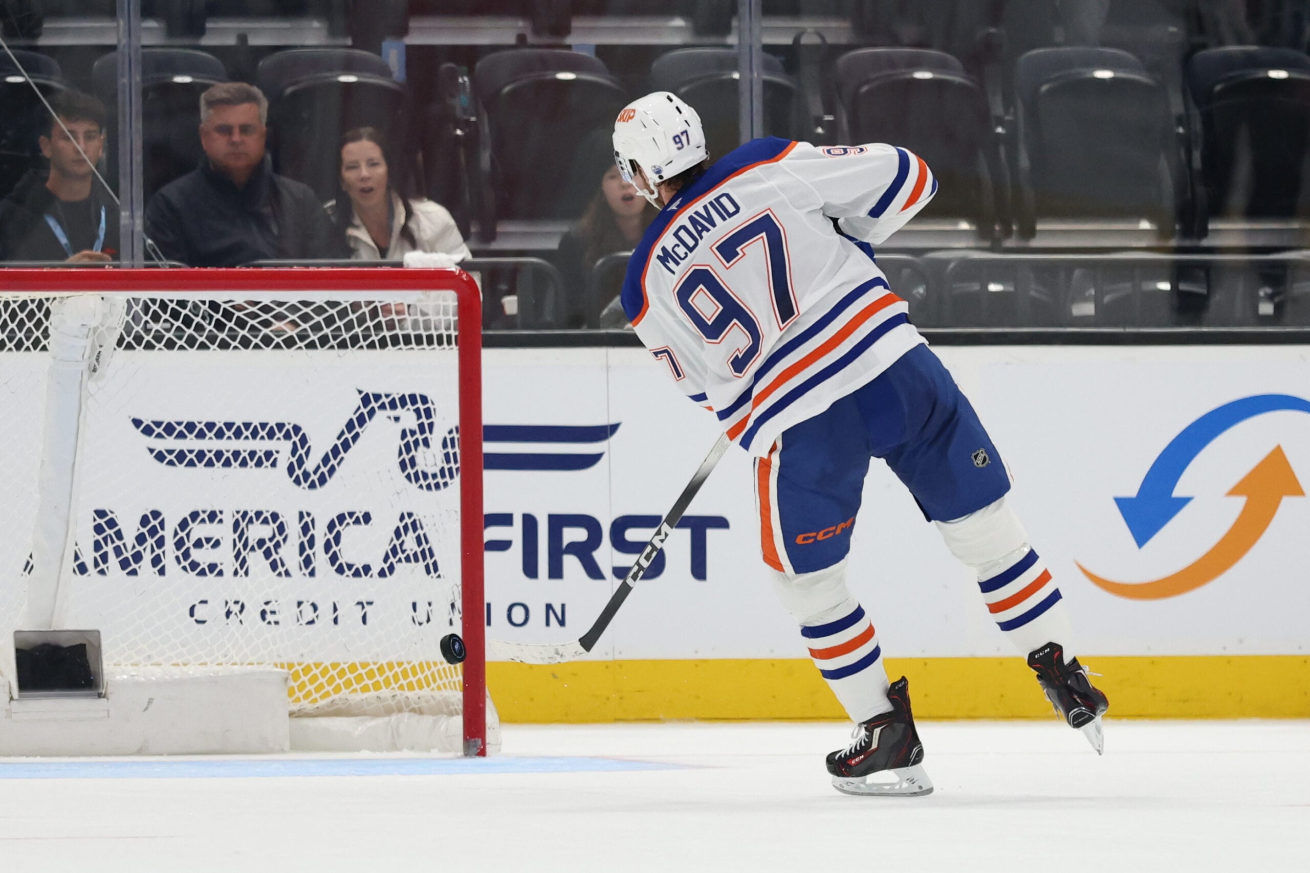 Mar 24, 2026; Salt Lake City, Utah, USA; Edmonton Oilers center Connor McDavid (97) scores a goal on an open net during the third period of a game against the Utah Mammoth at Delta Center. Mandatory Credit: Rob Gray-Imagn Images