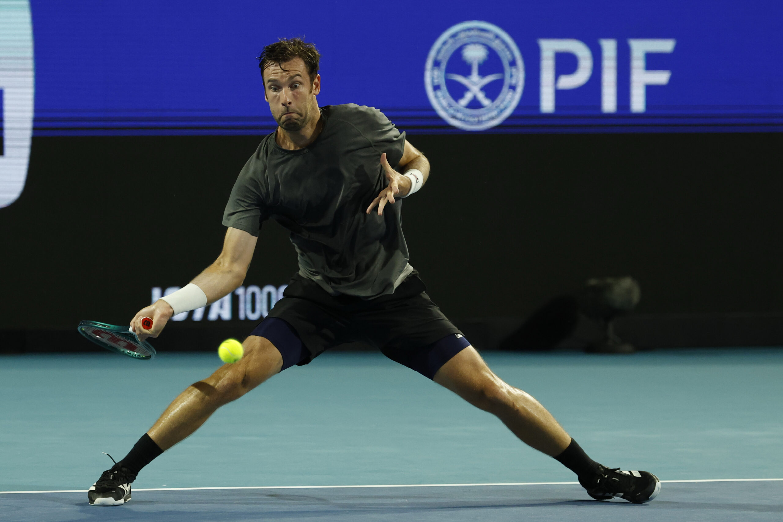 Mar 24, 2026; Miami Gardens, FL, USA; Quentin Halys (FRA) hits a forehand against Alexander Zverev (GER) (not pictured) on day eight of the 2026 Miami Open at Hard Rock Stadium. Mandatory Credit: Geoff Burke-Imagn Images