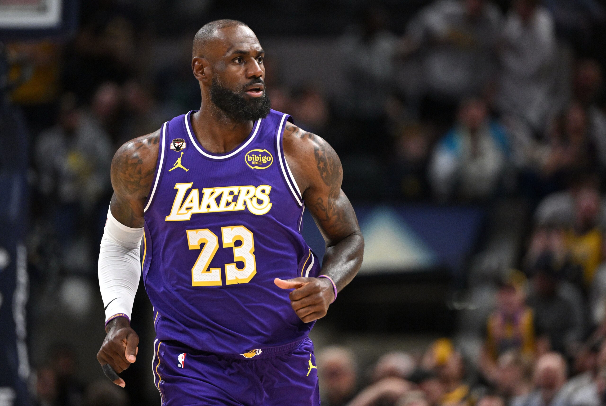 Mar 25, 2026; Indianapolis, Indiana, USA; Los Angeles Lakers forward LeBron James (23) runs down court during the first quarter against the Indiana Pacers at Gainbridge Fieldhouse. Mandatory Credit: Marc Lebryk-Imagn Images