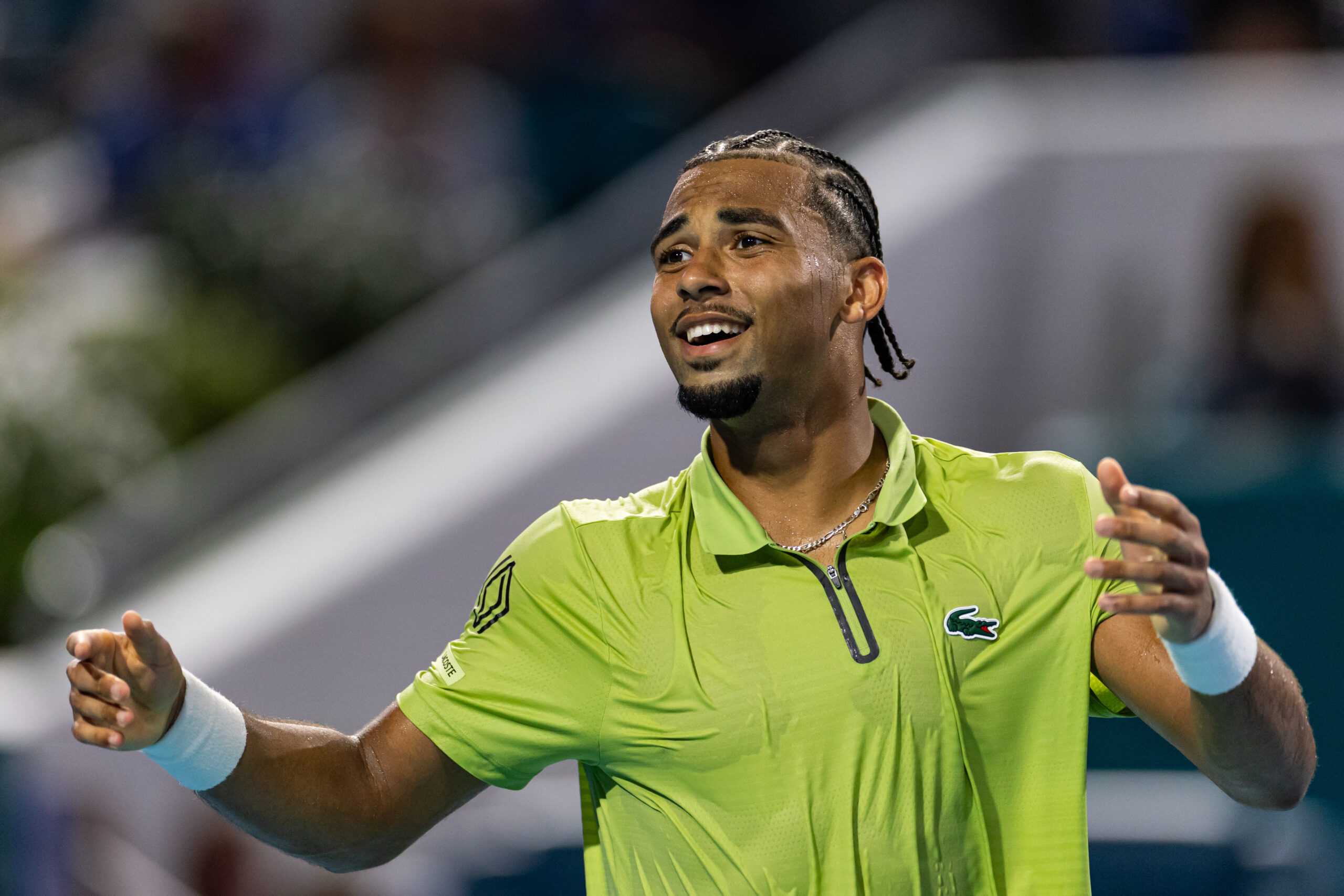Mar 25, 2026; Miami Gardens, FL, USA; Arthur Fils of France reacts against Tommy Paul of the United States after beating him in the quarter finals of the men’s singles at the Miami Open at Hard Rock Stadium. Mandatory Credit: Mike Frey-Imagn Images