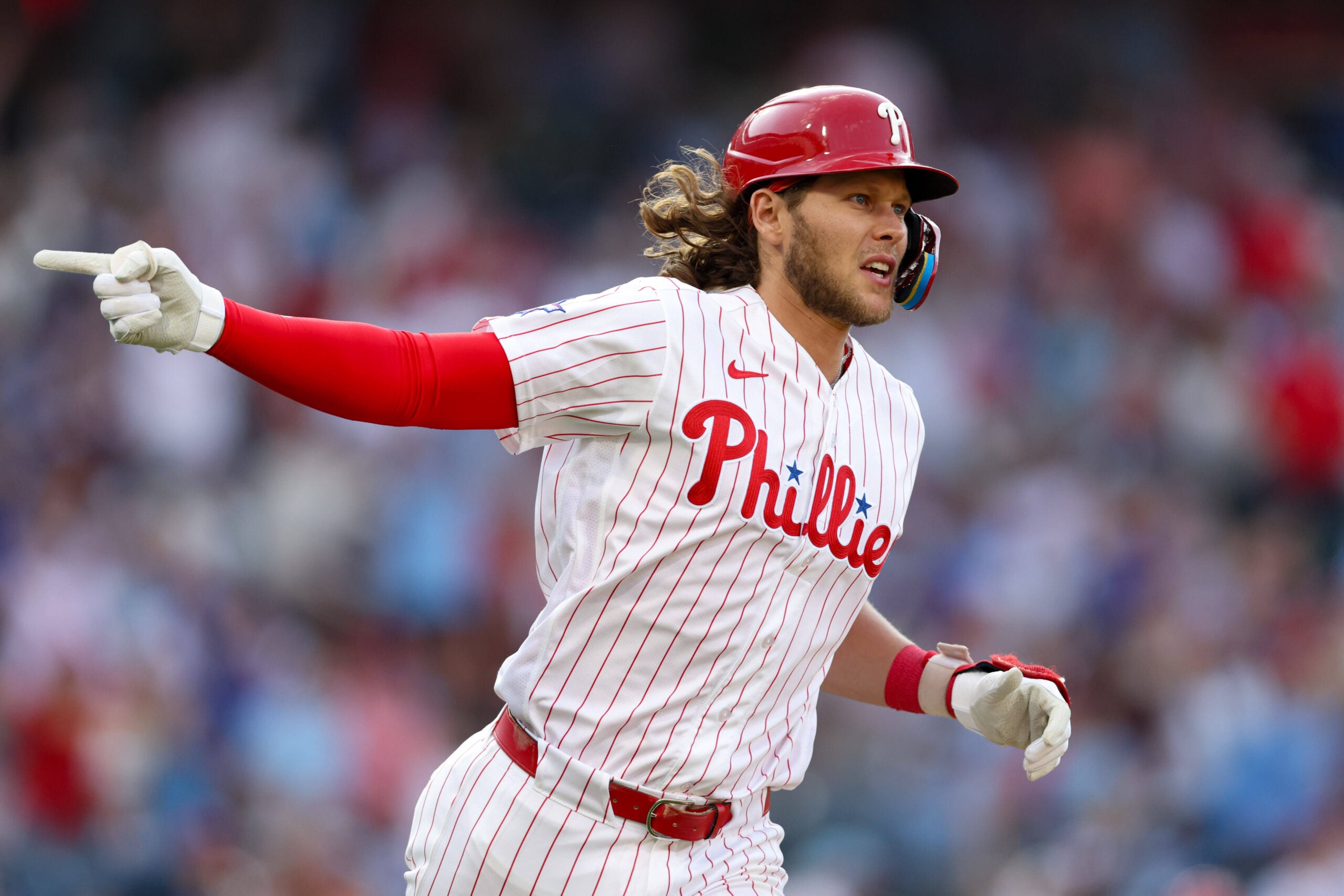 Mar 26, 2026; Philadelphia, Pennsylvania, USA; Philadelphia Phillies third baseman Alec Bohm (28) reacts after hitting a three RBI home run against the Texas Rangers during the fifth inning at Citizens Bank Park. Mandatory Credit: Bill Streicher-Imagn Images