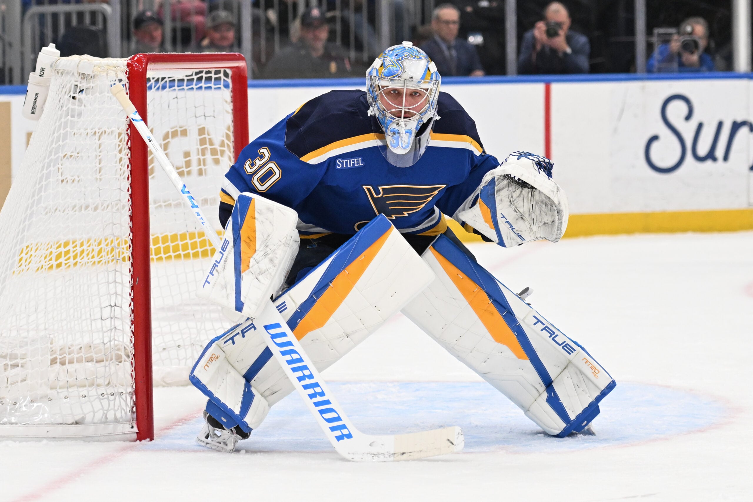 Mar 26, 2026; St. Louis, Missouri, USA; St. Louis Blues goaltender Joel Hofer (30) defends the net against the San Jose Sharks in the first period at Enterprise Center. Mandatory Credit: Joe Puetz-Imagn Images