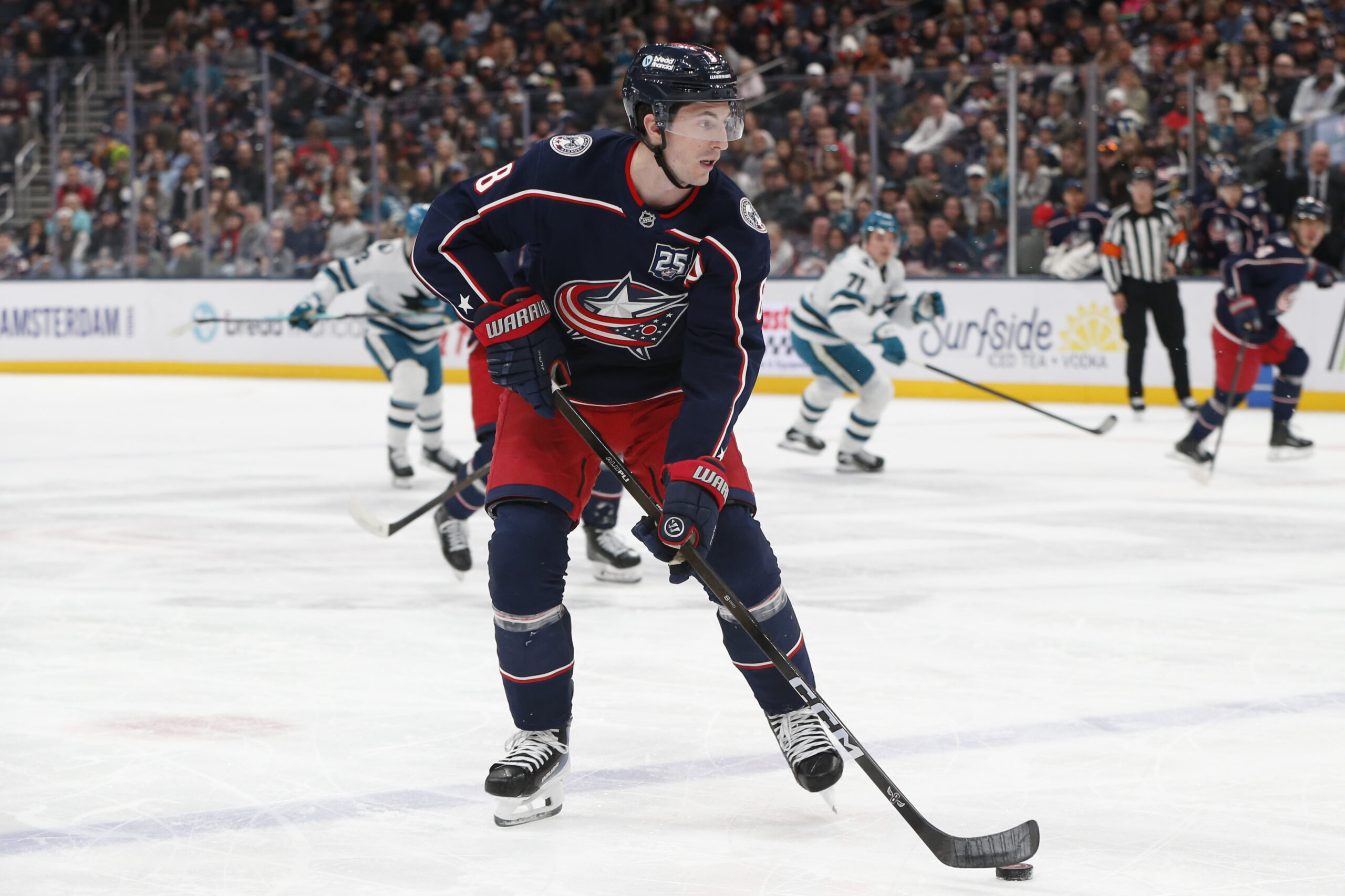 Mar 28, 2026; Columbus, Ohio, USA; Columbus Blue Jackets defenseman Zach Werenski (8) controls the puck against the San Jose Sharks during the first period at Nationwide Arena. Mandatory Credit: Russell LaBounty-Imagn Images