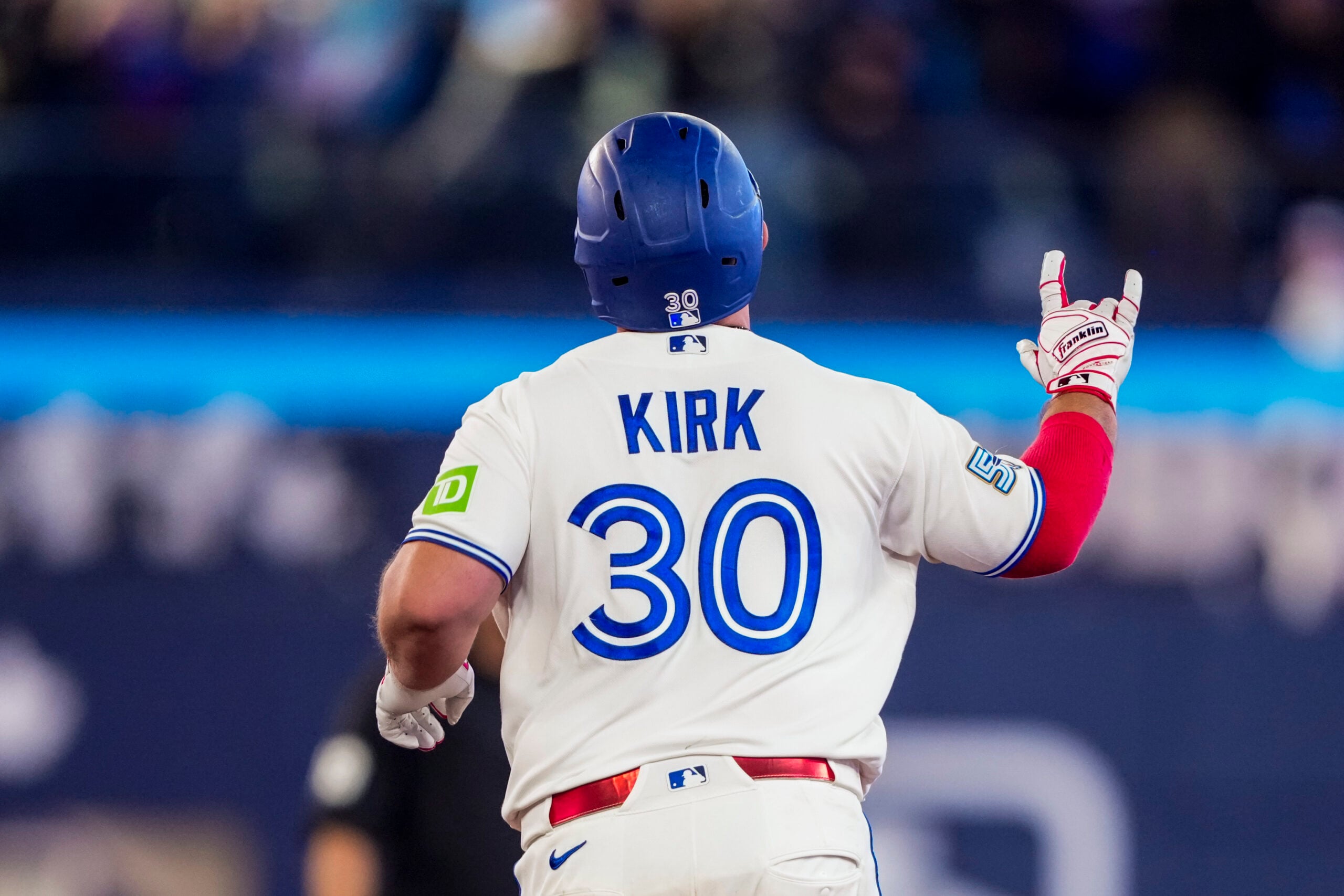 Mar 28, 2026; Toronto, Ontario, CAN; Toronto Blue Jays catcher Alejandro Kirk (30) celebrates hitting a home run against the Athletics during the ninth inning at Rogers Centre. Mandatory Credit: Kevin Sousa-Imagn Images
