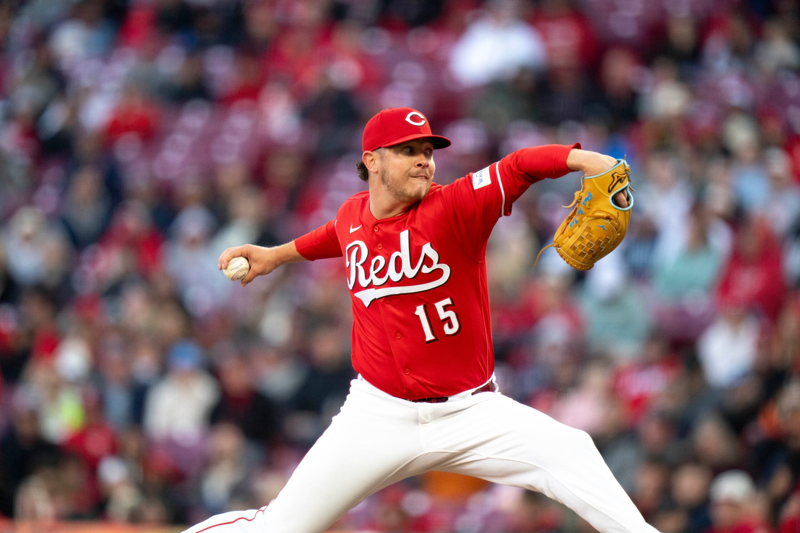Cincinnati Reds pitcher Emilio Pagán (15) delivers the pitch in the eighth inning between the Cincinnati Reds and Boston Red Sox at Great American Ball Park in Cincinnati on Saturday, March 28, 2026.