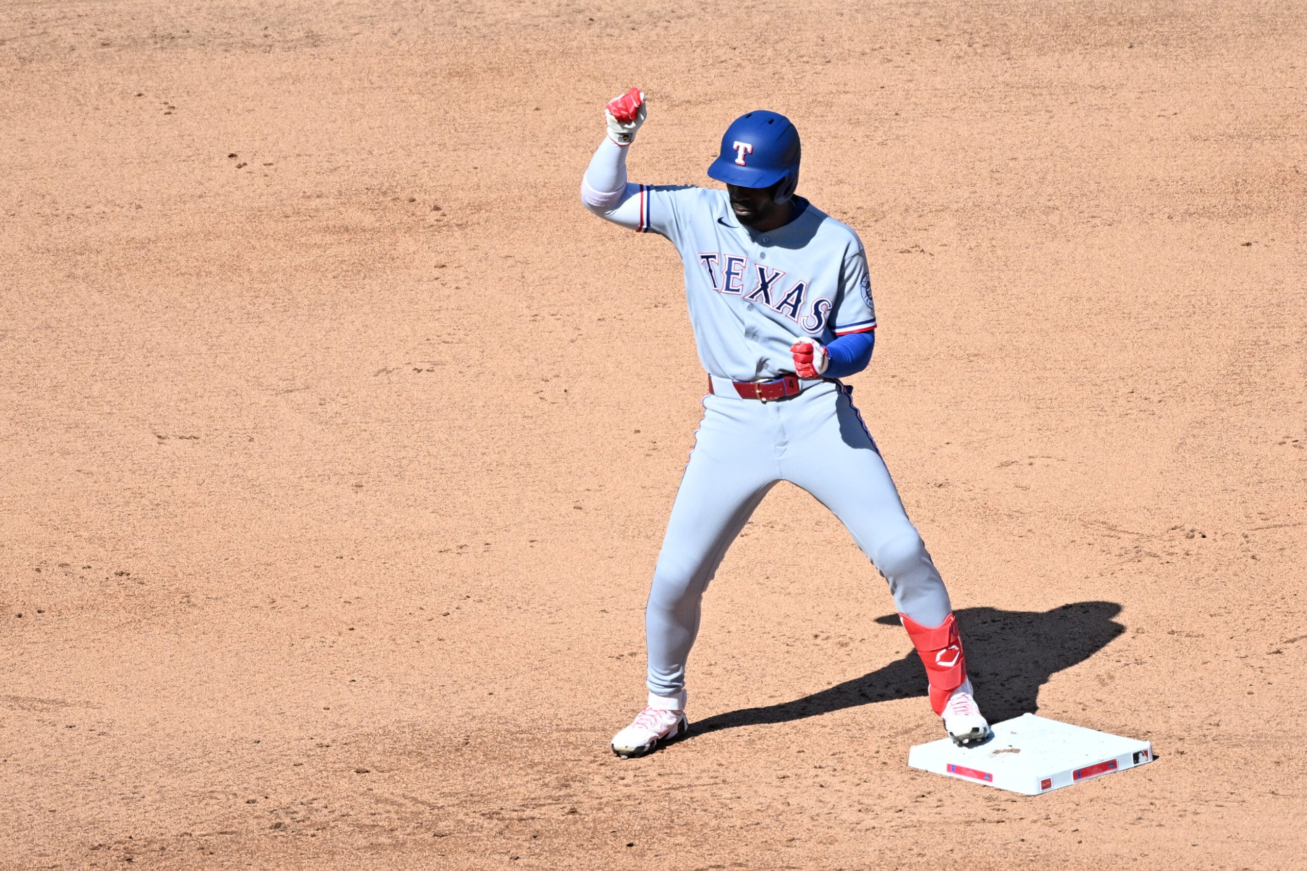 Mar 29, 2026; Philadelphia, Pennsylvania, USA; Texas Rangers center fielder Andrew McCutchen (4) reacts after hitting double against the Philadelphia Phillies during the sixth inning at Citizens Bank Park. Mandatory Credit: Eric Hartline-Imagn Images