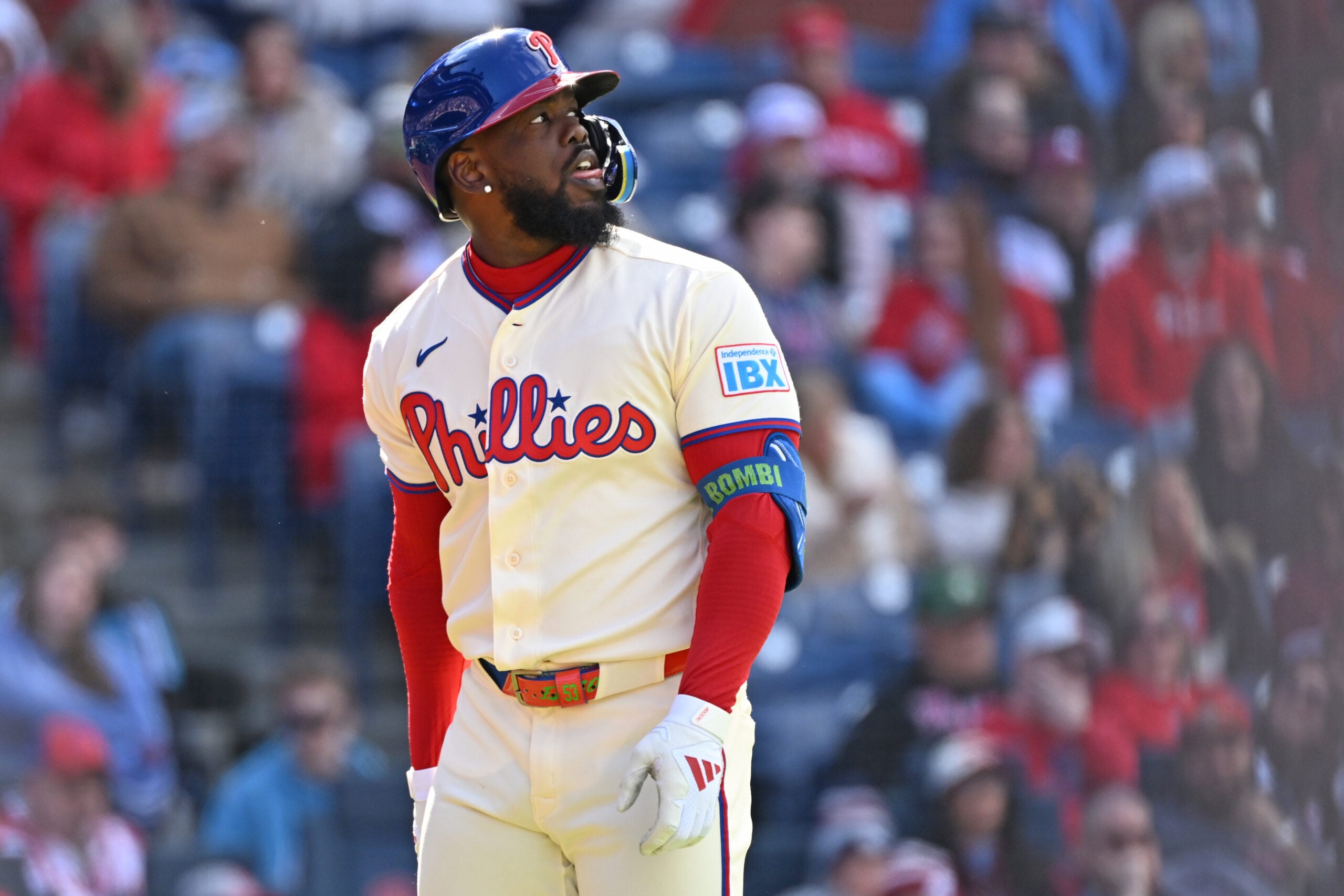 Mar 29, 2026; Philadelphia, Pennsylvania, USA; Philadelphia Phillies right fielder Adolis García (53) reacts after striking out against the Texas Rangers during the eighth inning at Citizens Bank Park. Mandatory Credit: Eric Hartline-Imagn Images