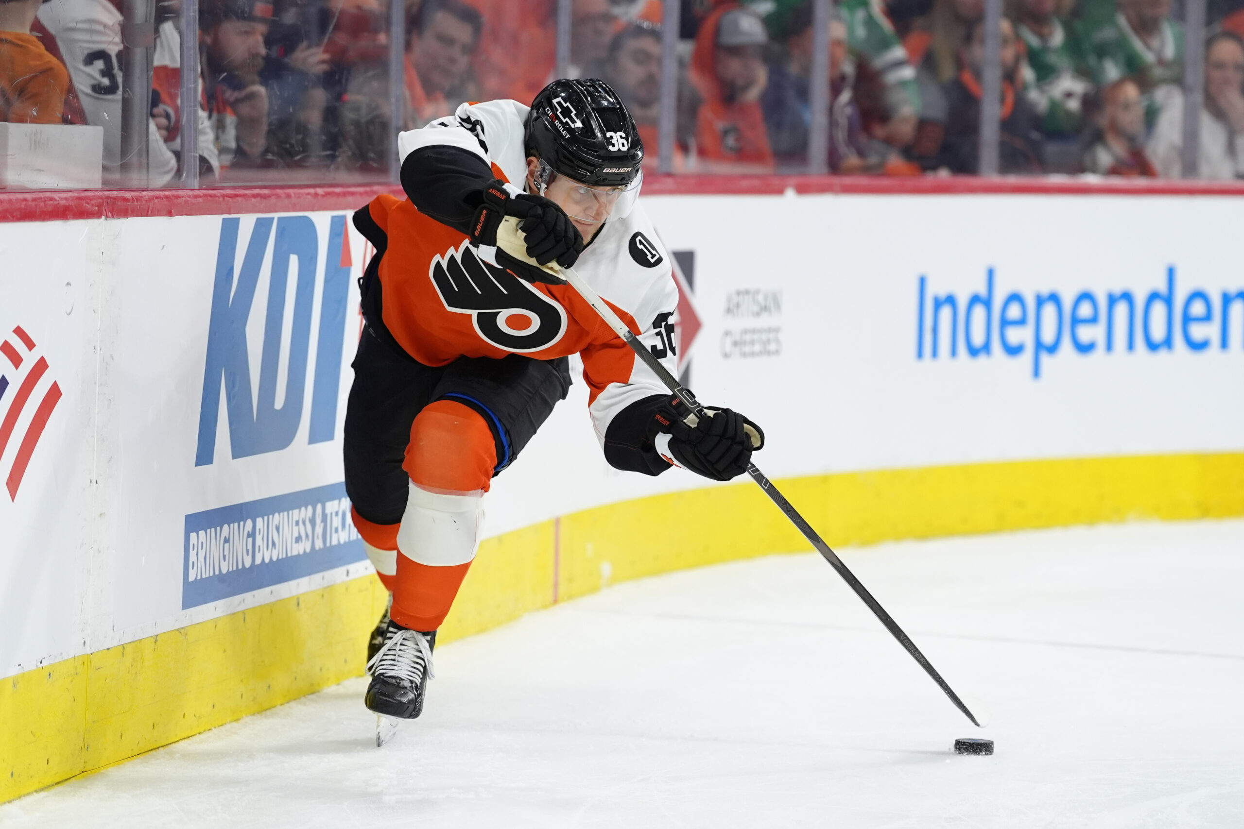 Mar 29, 2026; Philadelphia, Pennsylvania, USA; Philadelphia Flyers defenseman Emil Andrae (36) passes the puck against the Dallas Stars in the third period at Xfinity Mobile Arena. Mandatory Credit: Kyle Ross-Imagn Images