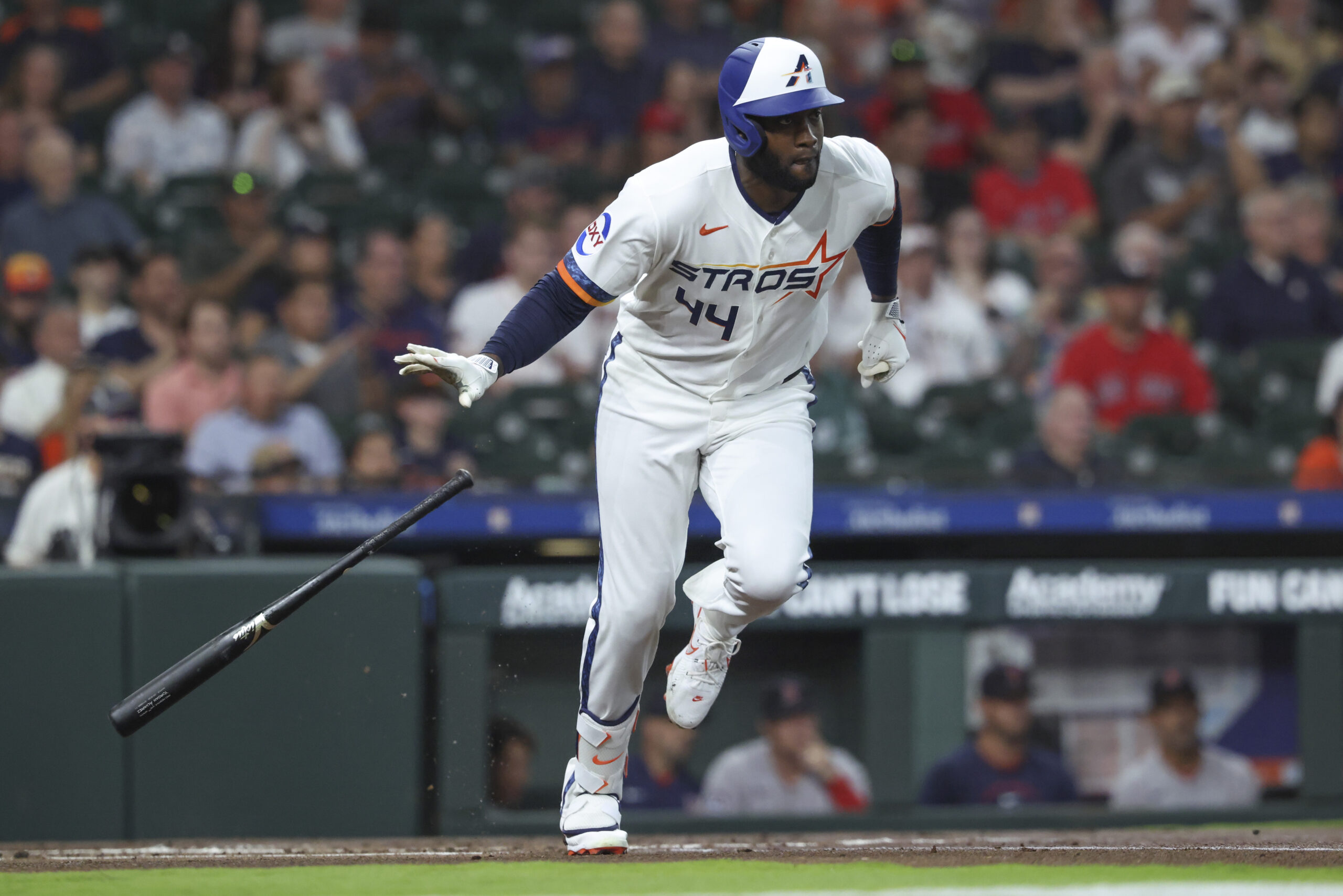 Mar 30, 2026; Houston, Texas, USA; Houston Astros designated hitter Yordan Alvarez (44) hits a single during the first inning against the Boston Red Sox at Daikin Park. Mandatory Credit: Troy Taormina-Imagn Images