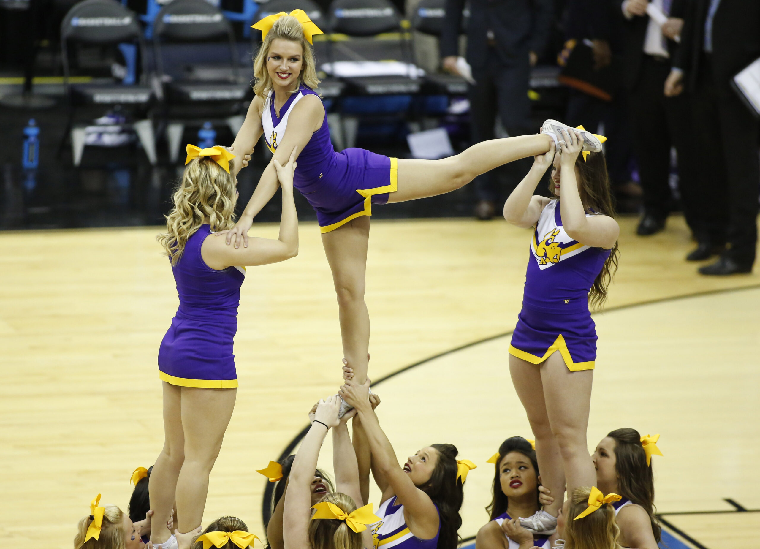 Mar 20, 2015; Columbus, OH, USA; Albany Great Danes cheerleaders during the second half against the Oklahoma Sooners in the second round of the 2015 NCAA Tournament at Nationwide Arena. Mandatory Credit: Joe Maiorana-Imagn Images