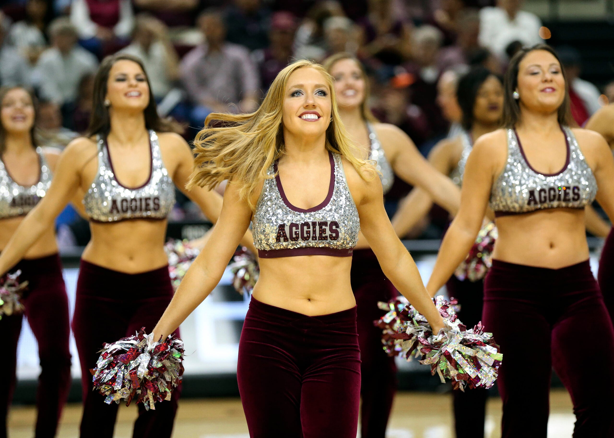 Feb 16, 2016; College Station, TX, USA; Texas A&M Aggies cheerleaders perform before a game against the Mississippi Rebels at Reed Arena. Mandatory Credit: Troy Taormina-Imagn Images