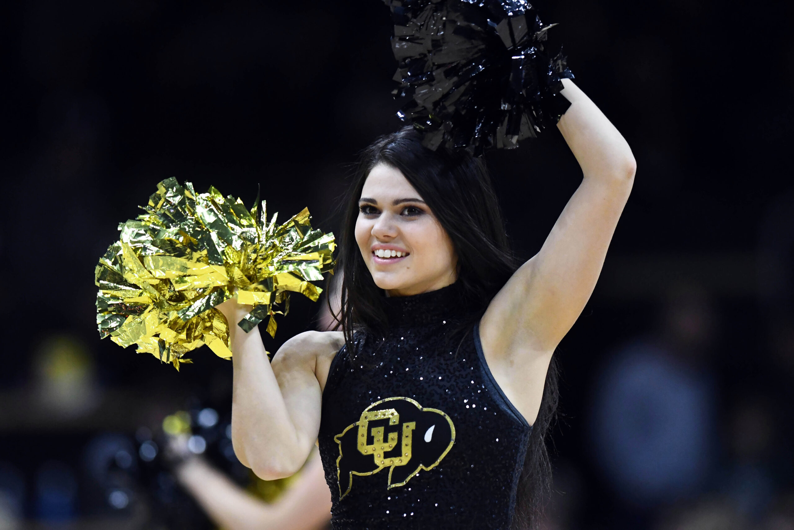 Dec 7, 2016; Boulder, CO, USA; Colorado Buffaloes cheerleader performs in the first half against the Xavier Musketeers at the Coors Events Center. Mandatory Credit: Ron Chenoy-Imagn Images