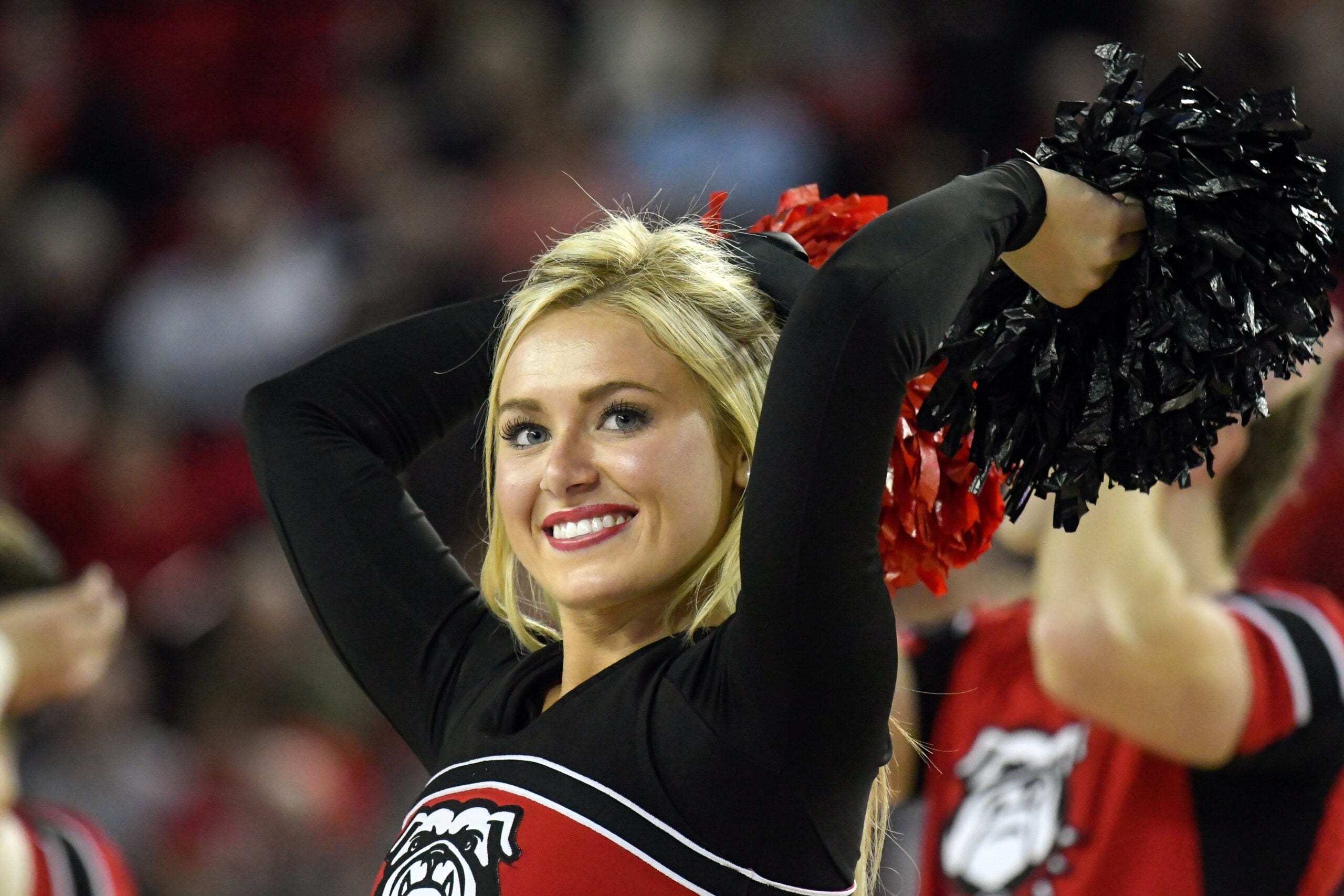 Jan 4, 2017; Athens, GA, USA; A Georgia Bulldogs cheerleader on the court against the South Carolina Gamecocks during the second half at Stegeman Coliseum. South Carolina defeated Georgia 67-61. Mandatory Credit: Dale Zanine-Imagn Images